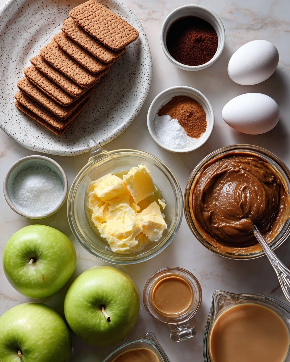 The image shows a top-down view of various baking ingredients arranged neatly on a white marbled surface. On the left, there is a white speckled plate full of stacked brown rectangular cookies. Above it are three small white bowls holding a dark brown liquid, dark cocoa powder, and a mix of white salt and brown cinnamon. In the center, there are two white eggs next to a glass measuring cup filled with melted yellow butter. Below them are two green apples. On the right side, an open glass jar contains thick brown paste with a spoon nearby that has some paste on it. At the bottom right, another glass measuring cup holds a light brown liquid. The photo taken with an iphone --ar 4:5 --v 7