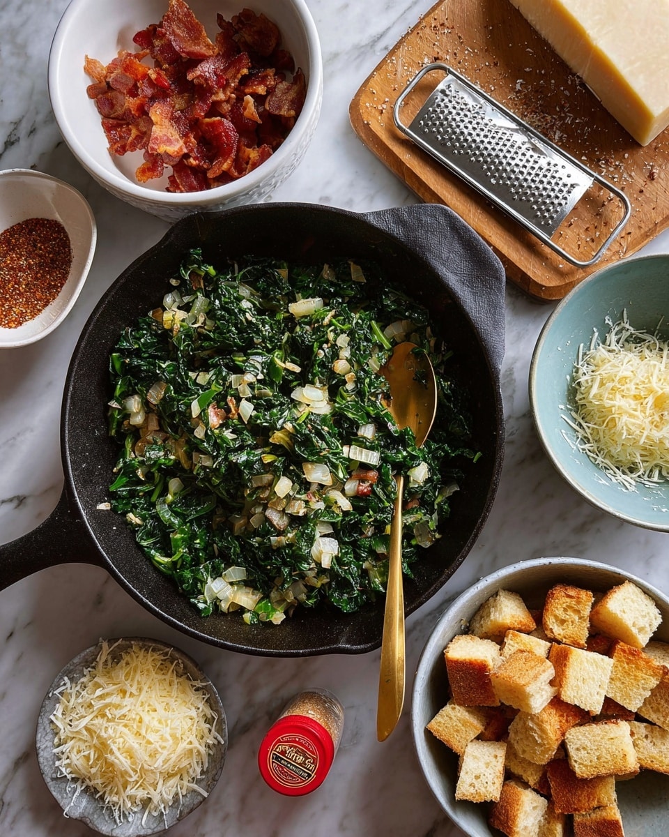The image shows a cooking setup on a white marbled surface with a black cast iron skillet in the center filled with cooked chopped greens and small diced onions, giving a dark green and light yellow mix. At the top left is a white bowl with crispy cooked bacon pieces, and below it, at the bottom right, is another white bowl full of cubed bread pieces with a golden brown crust. To the right of the skillet, there is a light blue bowl holding shredded cheese, above which a wooden board has a half block of cheese and some grated cheese with a metal grater. Near the top center is a red container of pumpkin pie spice and a gold spoon, all arranged with clear spacing. The scene is bright and clear, showing all the ingredients well photo taken with an iphone --ar 4:5 --v 7