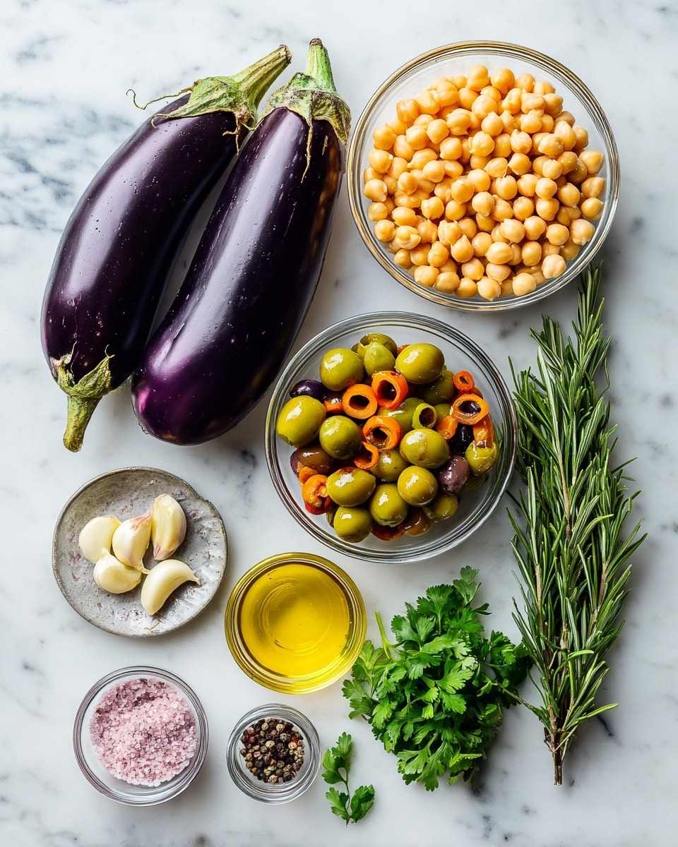 The image shows fresh and raw ingredients placed on a white marbled surface. There are two long, dark purple eggplants with smooth skin positioned on the left side. To the right, there is a small clear glass bowl filled with light yellow chickpeas at the top, a similar bowl with bright green olives mixed with orange pimento pieces below it, and a small glass bowl of golden olive oil in the center. Near the bottom left, a small glass bowl holds green capers, next to another bowl containing three peeled garlic cloves. A small bowl with a mixture of pink salt and black pepper is centered near the bottom. On the right side near the bottom, there are fresh green parsley and rosemary sprigs gathered in a small clear glass container. The overall look is clean and fresh with a natural color palette. photo taken with an iphone --ar 4:5 --v 7