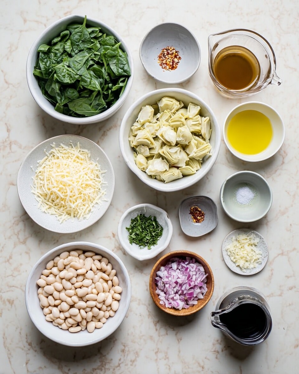 A flat lay of cooking ingredients on a white marbled surface, arranged in small white and gray bowls and measuring cups; at the center bottom is a white bowl full of white beans, to the left a white bowl filled with chopped fresh spinach leaves, above that a white bowl with chopped artichoke hearts; to the bottom left a small white measuring cup of shredded cheese, above that a glass measuring cup of brown liquid, presumably broth; on the right side, a small wooden bowl with chopped red onions at the bottom, above that a small white plate with minced garlic, beside a small gray bowl of chopped green herbs; to the top right, a small white bowl with olive oil, next to a white bowl of lemon juice, a gray bowl with salt, and a smaller white bowl with red pepper flakes; a small black pitcher with grated Parmesan cheese completes the arrangement photo taken with an iphone --ar 4:5 --v 7