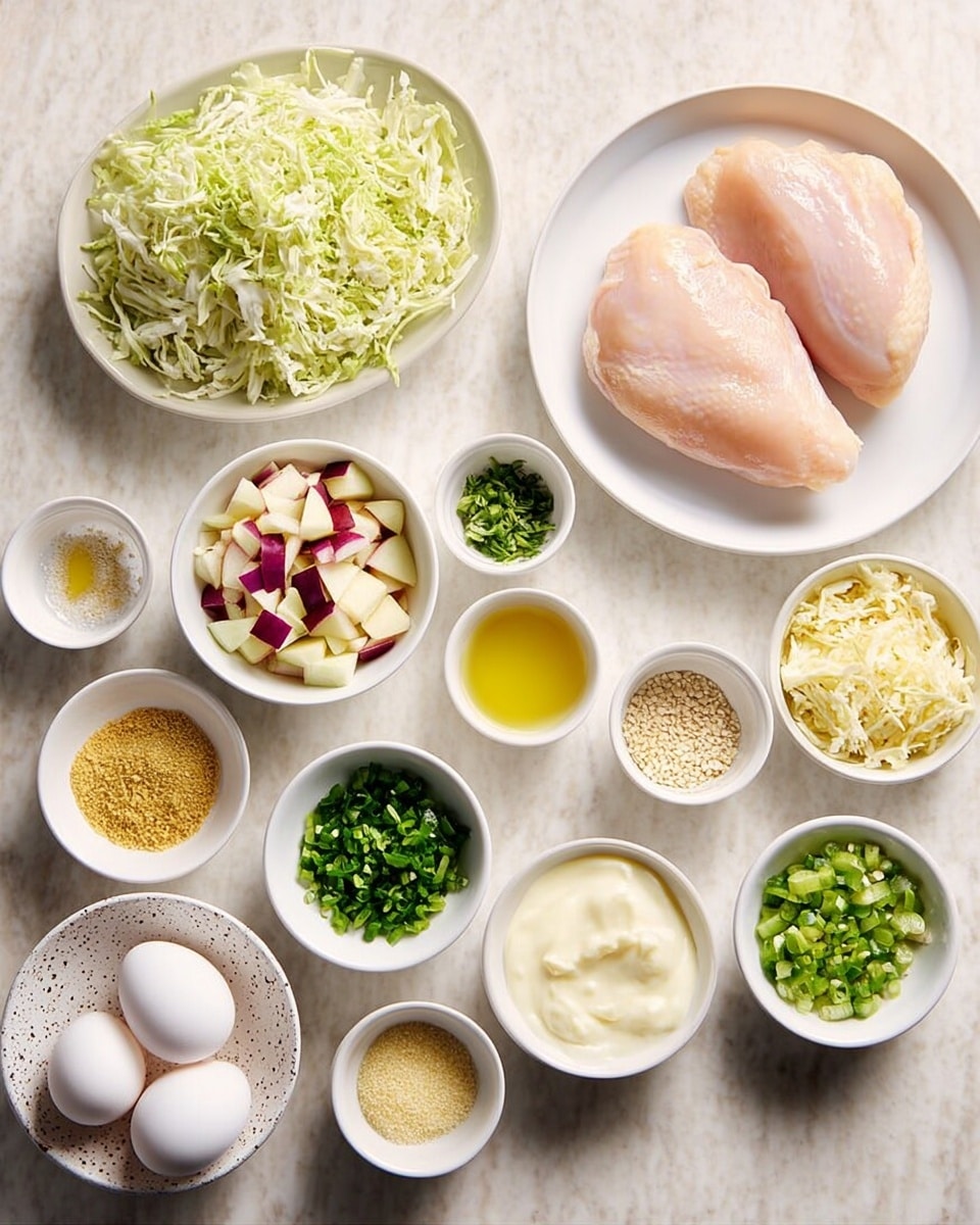 The image shows a white marbled surface with many small white bowls and a large white plate. The large plate holds two raw pale pink chicken pieces. Surrounding it are bowls filled with different ingredients: shredded green cabbage, shredded white cabbage with light purple bits, chopped red and white apples, green chopped herbs, green chopped scallions, light yellow powder, small seeds, golden-yellow olive oil, finely grated white cheese, creamy white yogurt, pale yellow mustard, golden honey, and three white eggs on a speckled white dish. The ingredients are arranged neatly in a grid pattern. Photo taken with an iphone --ar 4:5 --v 7