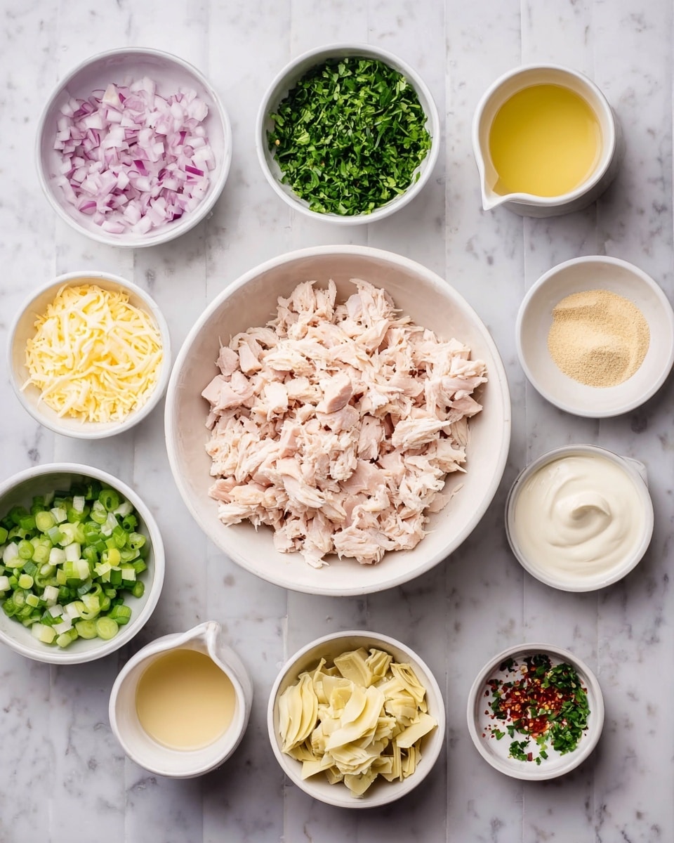 The image shows a white bowl in the center filled with chopped pale pink cooked chicken. Surrounding it are smaller white bowls and a measuring cup with various ingredients: finely chopped pink onions, pale green chopped celery, finely chopped green herbs, and pale yellow chopped artichoke hearts. There are also small white bowls with beige powder, light yellow mustard, light liquid, creamy white mayo, shredded white cheese, white yogurt, and red chili flakes, all placed on a white marbled surface. The bowls and cups are arranged neatly and evenly spaced around the center bowl. Photo taken with an iphone --ar 4:5 --v 7