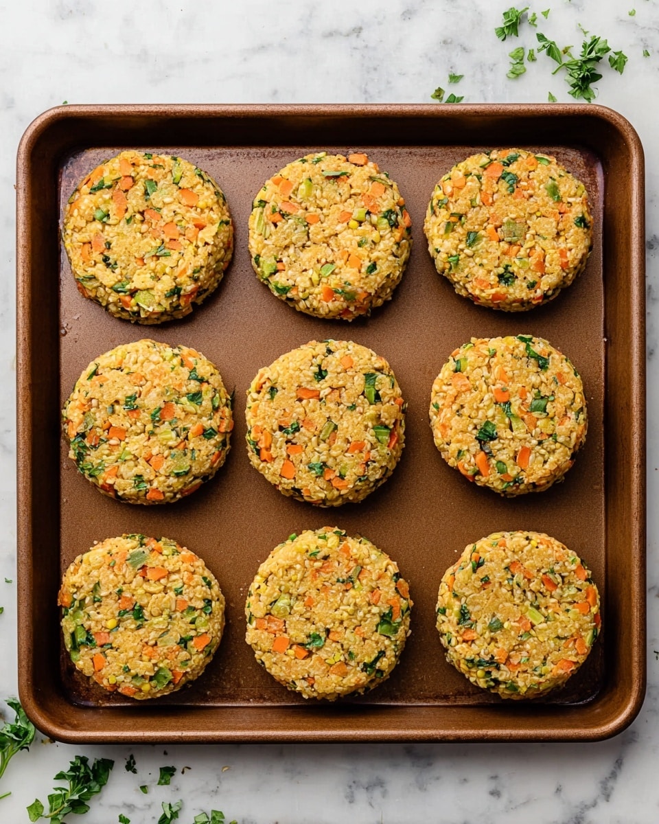 The image shows eight round veggie patties arranged in two neat rows of four on a brown baking tray. Each patty is thick with a crumbly texture, filled with small chunks of orange carrots, green herbs, and light beige grains or rice, giving them a speckled and colorful look. The tray sits on a white marbled surface with a few green herb leaves scattered around for a fresh touch. The patties appear uncooked, showcasing their natural mixed colors and ingredients clearly. Photo taken with an iphone --ar 4:5 --v 7