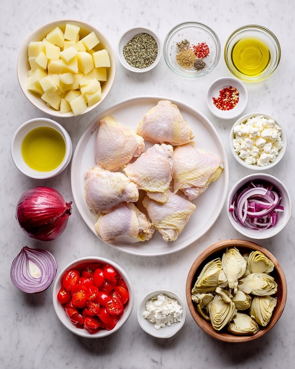 The image shows an overhead view of various ingredients arranged neatly on a white marbled surface. At the center is a white plate with six uncooked chicken thighs stacked loosely, pale pink and light yellow skin visible. Around it are multiple small white bowls and one small wooden bowl holding different ingredients: diced potatoes in a white bowl, chopped red bell peppers, artichoke hearts in another white bowl, cherry tomatoes in a white bowl, sliced red onions in a small wooden bowl, and a small white bowl with crumbled white cheese. There are also small dishes with seasonings including minced garlic, red pepper flakes, black pepper, dried herbs, and mustard. Additionally, there are clear measuring cups with olive oil and lemon juice. Each item is cleanly separated, showing a mix of soft, smooth, and diced textures with vibrant natural colors. Photo taken with an iphone --ar 4:5 --v 7