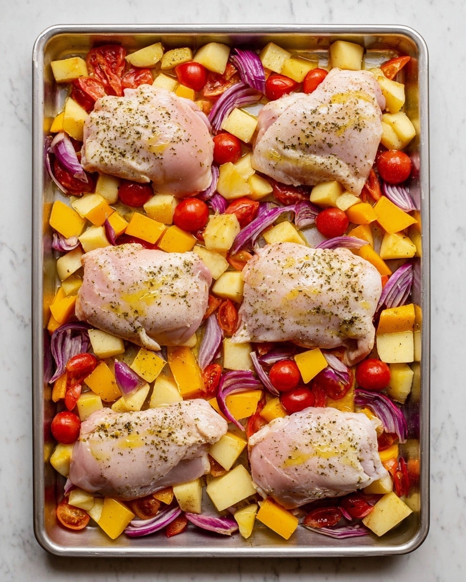 A metal baking tray filled with six raw chicken pieces arranged in two rows, each piece pale pink with light seasoning and oil drizzled on top. The chicken rests on a colorful bed of diced yellow potatoes, bright red cherry tomatoes, sliced red onions with purple rings, and chunks of red bell pepper. The vegetables are spread evenly across the tray, creating a mix of red, yellow, and purple tones against the light chicken. The scene is set on a white marbled surface. photo taken with an iphone --ar 4:5 --v 7