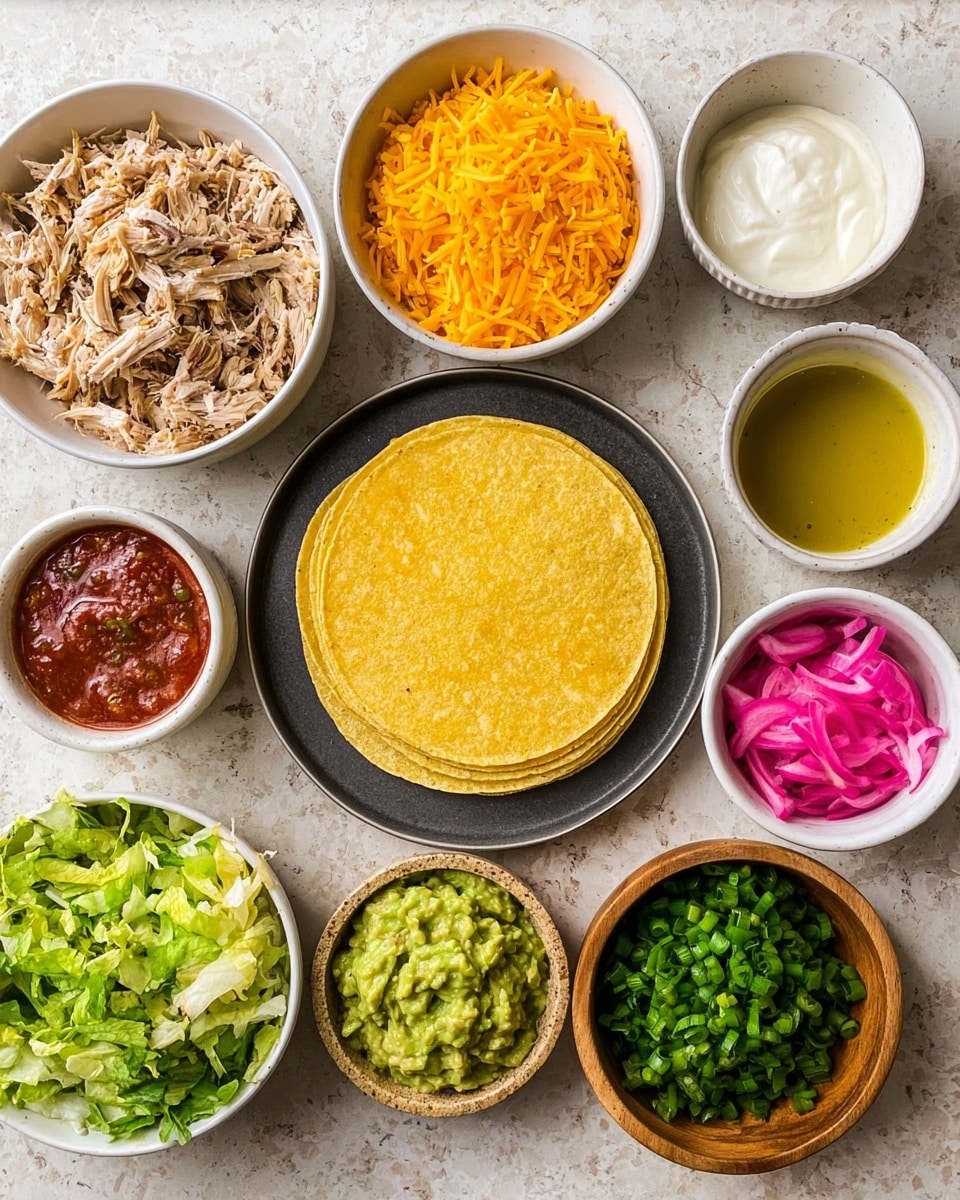 The image shows an overhead view of multiple white bowls filled with various taco ingredients placed on a white marbled surface. In the center, there is a dark plate holding a stack of yellow corn tortillas. Surrounding it are bowls containing shredded cooked chicken, bright orange shredded cheddar cheese, chopped green lettuce, sliced green onions, pickled pink onions, a green creamy sauce, a red sauce, yellow liquid (likely oil or melted butter), sour cream, and mashed avocado in a brown bowl. Each bowl has a different size and texture, offering a colorful and fresh look to the taco preparation setup. photo taken with an iphone --ar 4:5 --v 7