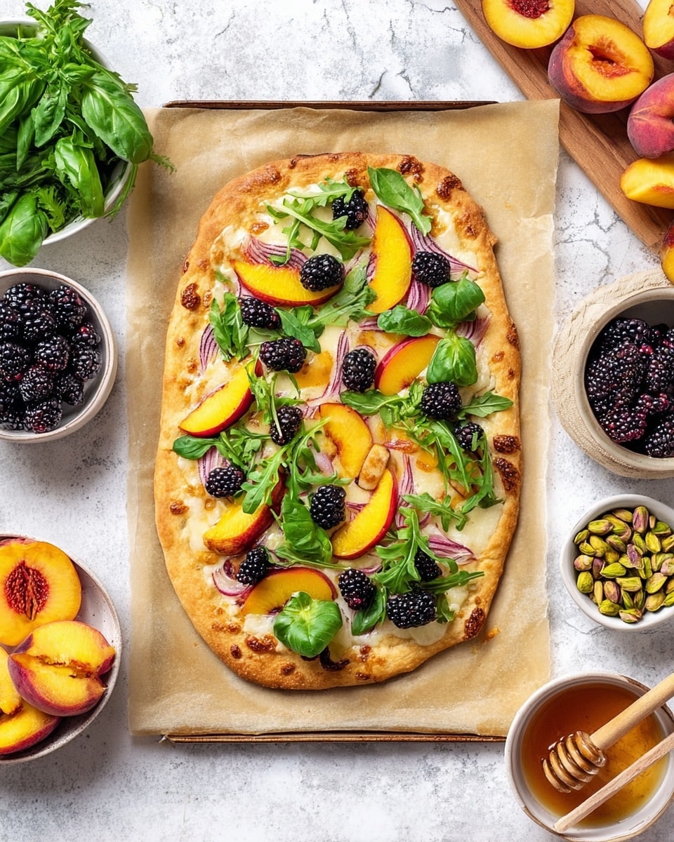 A flatbread pizza sits in the center on a sheet of parchment paper, placed on a baking tray. The pizza has a golden brown crust with a slightly uneven oval shape. The first layer is melted cheese, creamy and bubbly with a light yellow color, spread evenly across the base. On top, there are thin slices of yellow-orange peaches with red edges scattered all over. There are fresh green arugula leaves spread around, adding a crisp, leafy texture. Small clusters of blackberries are placed evenly, giving a rich dark purple contrast. Thin slices of red onion are woven throughout the toppings, adding hints of white and purple. Around the tray, on a white marbled surface, there are bowls containing pistachios, blackberries, honey with a wooden dipper, and more arugula leaves, as well as a wooden board holding more peach slices and fresh basil leaves. The photo taken with an iphone --ar 4:5 --v 7