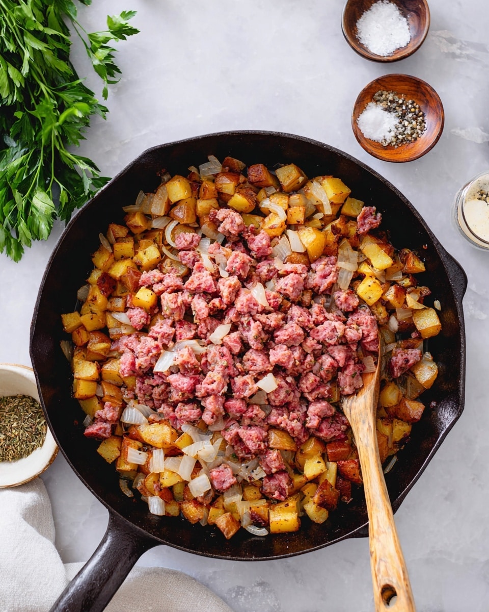 In a black cast iron skillet filled mostly with a base layer of golden-brown roasted potato cubes mixed with sautéed translucent white onion pieces, a top layer of thick, pink chopped meat chunks is piled in the middle. The skillet handle extends toward the foreground and a smooth wooden spoon rests inside on the right side, partially under the meat. Surrounding the skillet on a white marbled surface are small bowls with coarse salt and cracked black pepper, and a sprig of fresh green parsley peeks in from the left edge. The overall look is rustic and hearty, with warm browns, pinks, and subtle green accents. photo taken with an iphone --ar 4:5 --v 7