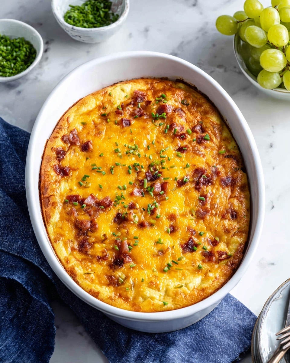 A golden-brown baked dish in a white oval ceramic baking dish, with a puffy and slightly crispy top layer speckled with melted cheddar cheese that is deep orange and light yellow in color. Small bits of cooked bacon or similar meat are visible within the top layer, adding dark reddish-brown spots. Green chopped chives are sprinkled evenly across the surface, adding a bright pop of color. The dish rests on a white marbled textured surface, next to a white bowl of green grapes and small bowls of chopped chives, with a navy blue cloth and utensils nearby. Photo taken with an iphone --ar 4:5 --v 7