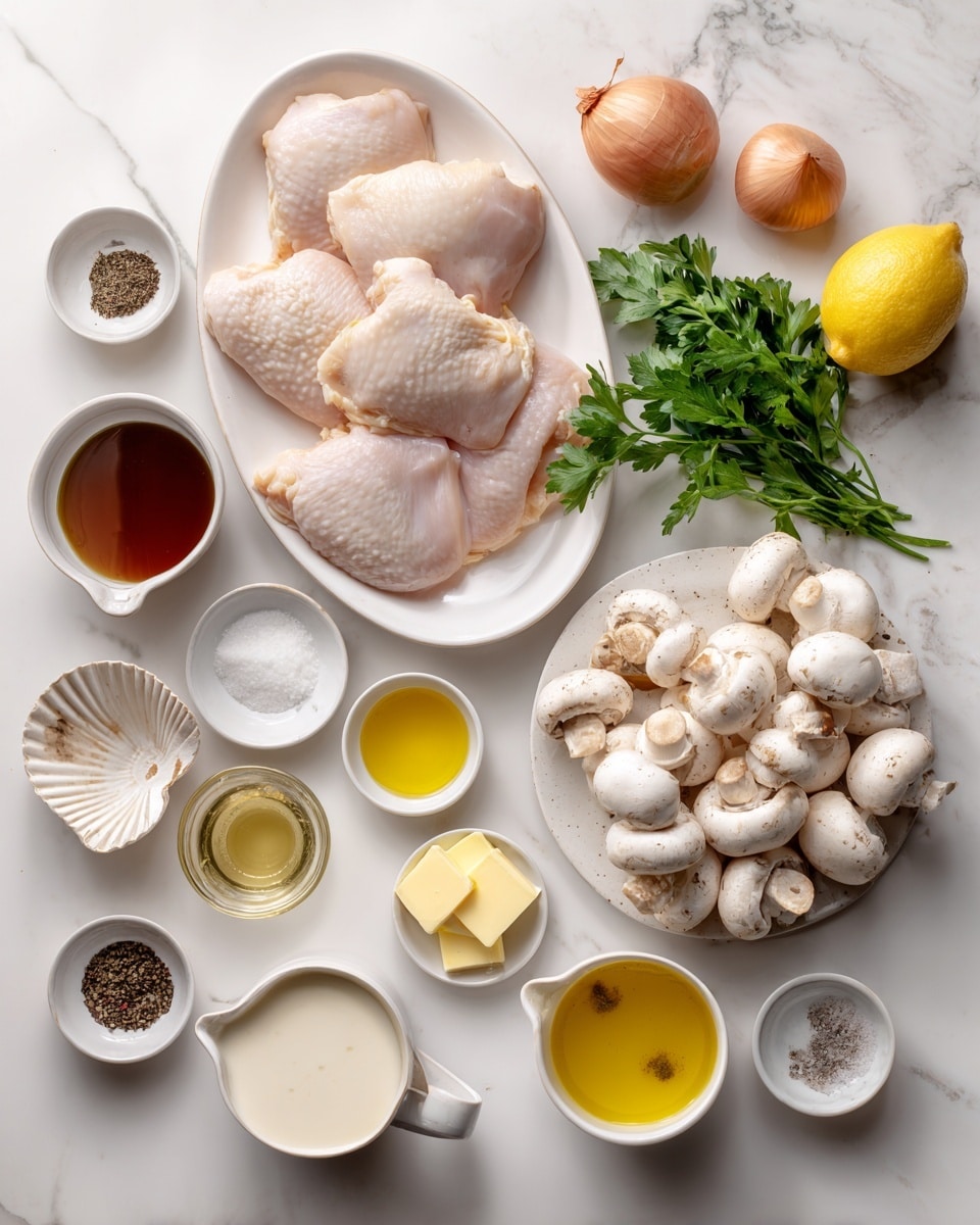 The image shows ingredients laid out neatly on a white marbled surface. In the center left, there is a white oval plate holding several raw chicken pieces that are pale pink and smooth. To the right, a small bunch of green parsley sits above three small round shallots with a light brown skin. Below them, a white plate holds many white mushrooms with slightly rounded tops and stems. Around these main items, small white dishes hold different ingredients: black ground pepper and salt on one dish, golden yellow olive oil in another, light yellow butter slices on a third, shiny pale yellow Dijon mustard in a small shell-shaped dish, clear light brown brandy in a tiny glass, creamy white heavy cream in a small cup, and pale yellow chicken broth in a wider cup. A small white scallop dish contains dark Worcestershire sauce, and a lemon sits below it with a wedge of lemon juice nearby in an empty white dish. The overall setup is clean and organized on the white marbled background, with all ingredients clearly visible. Photo taken with an iphone --ar 4:5 --v 7