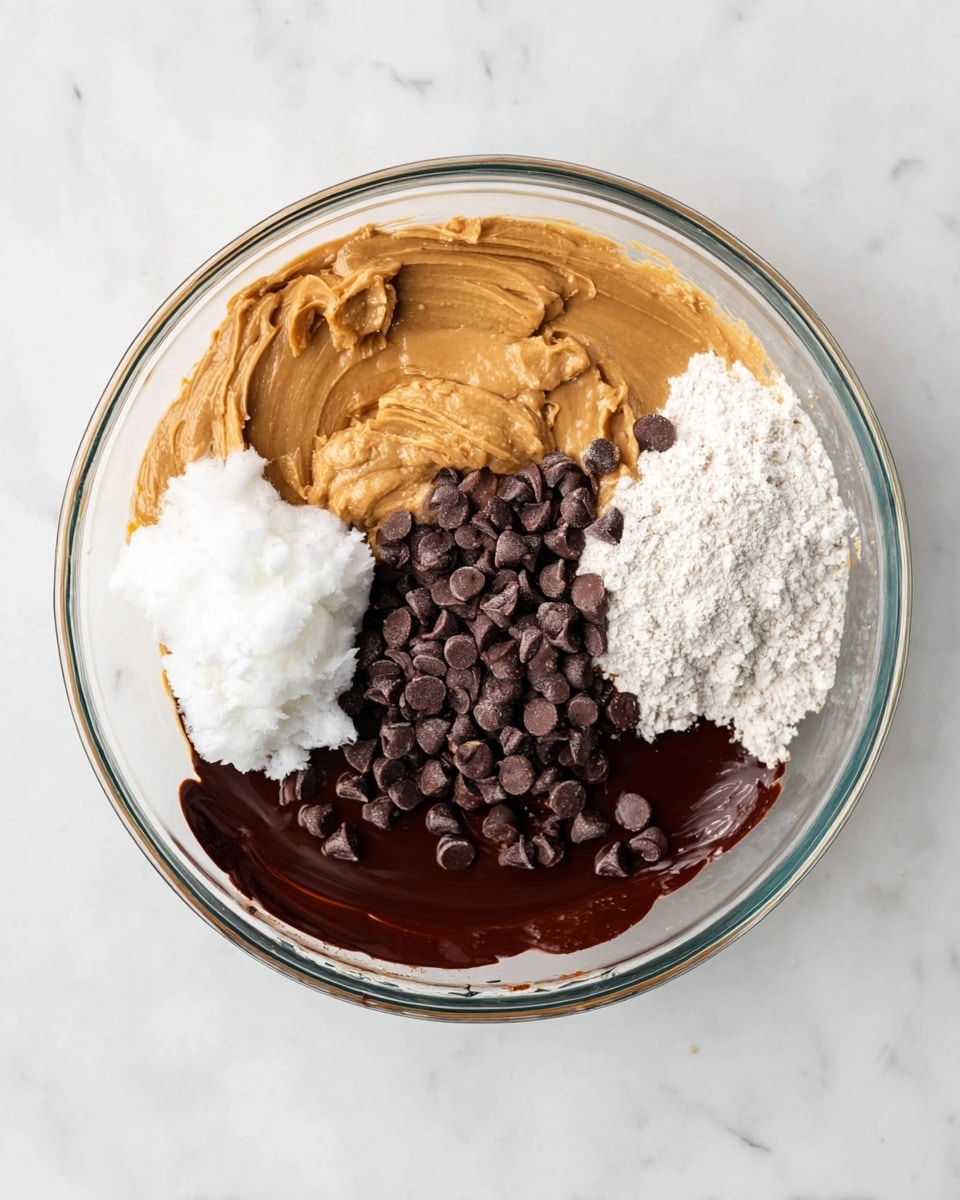 In a clear glass bowl, six separate layers of ingredients form a circle with different colors and textures: a smooth, light brown creamy peanut butter layer on the left side, next to a powdery off-white flour layer on the top right, and right below it, a cluster of small, shiny dark brown chocolate chips. Below the chocolate chips is a glossy dark chocolate syrup layer melting into a dark brown cocoa powder layer on the bottom left. Sitting between the chocolate chips and peanut butter layers is a fluffy, white dollop of coconut oil. The bowl is placed on a white marbled surface. photo taken with an iphone --ar 4:5 --v 7