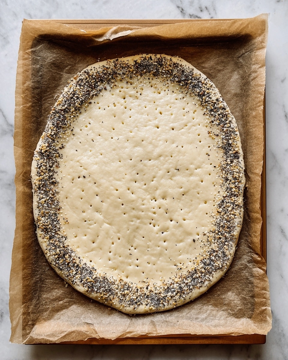 A large oval flatbread is placed on a sheet of brown parchment paper, and it has a thick crust covered with a mix of seeds and coarse salt, showing a golden-brown color. A thick layer of creamy white spread with green herbs mixed in is being smoothed evenly over the flatbread, leaving only the seed-covered crust visible around the edges. A woman's hand holding a silver spoon is actively spreading the creamy mixture in sweeping motions. The surface underneath the parchment is a wooden table, but it should be imagined as a white marbled texture. photo taken with an iphone --ar 4:5 --v 7