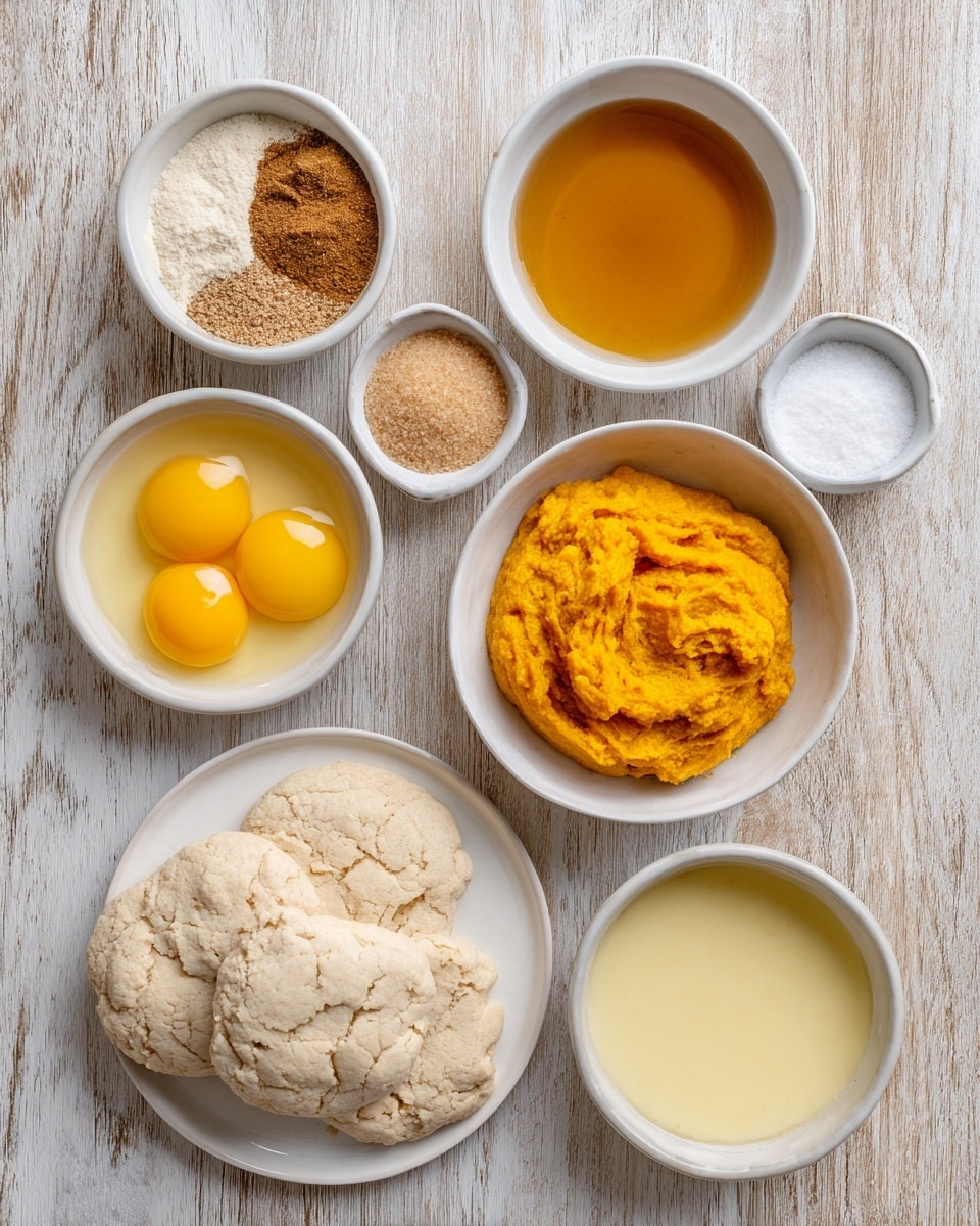 The image shows an overhead view of different ingredients on a wooden table with a white marbled texture in the background. In the top left is a small white bowl with a mixture of brown and beige spices. To its right is another white bowl filled with golden-brown vanilla liquid. Below the spices is a white bowl holding two bright yellow egg yolks. Next to the yolks on the right is a white bowl filled with bright orange pumpkin puree that has a slightly rough texture. Below the pumpkin bowl is another small white bowl with light brown sugar, piled loosely. On the bottom left sits a white plate with two flat pieces of pale dough, slightly cracked on the surface. Below the dough to the right is a tiny white bowl with white salt. At the bottom right corner is a larger white bowl holding a light yellow eggwash, which looks smooth and slightly foamy on top. All items are spaced evenly across the wooden table. Photo taken with an iphone --ar 4:5 --v 7
