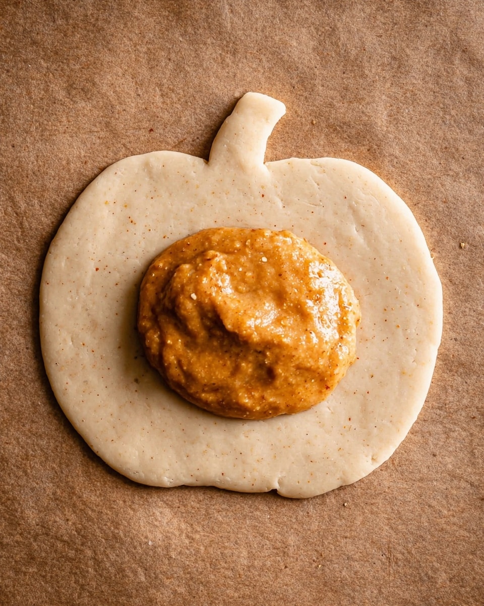 The image shows one layer of beige dough shaped like a pumpkin with a small stem at the top, laid flat on a brown surface. In the center of the dough, there is a thick dollop of smooth, orange filling with flecks of spices visible inside it. The filling contrasts with the matte, slightly speckled texture of the dough around it. The overall look is simple and neat with clear separation between the dough and the filling. photo taken with an iphone --ar 4:5 --v 7