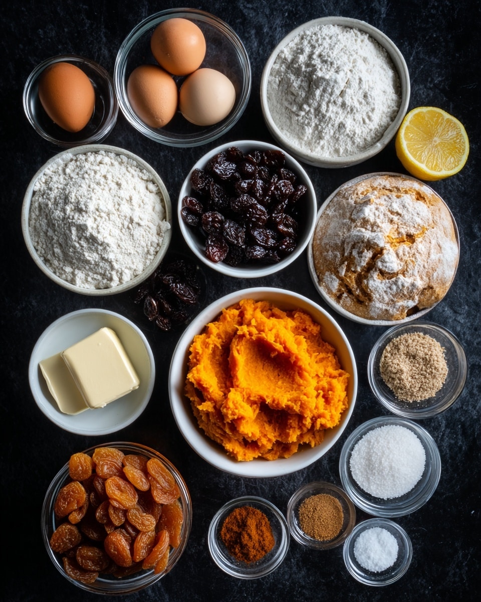 The image shows many small white bowls filled with different baking ingredients arranged on a black surface, now imagined as white marbled texture. In the center, a bowl full of bright orange pumpkin puree stands out. Surrounding it are bowls with white flour and powdered sugar, a white plate holding dark dried fruits like raisins and apricots, and another bowl with light brown butter shaped in a smooth square. Two eggs rest inside a small white bowl with a clear milk bowl next to them, while a lemon cut in half is placed nearby. There are also small glass bowls containing various powders like cinnamon, ginger, allspice, baking soda and powder, nutmeg, salt, and brown sugar, all clearly labeled. photo taken with an iphone --ar 4:5 --v 7