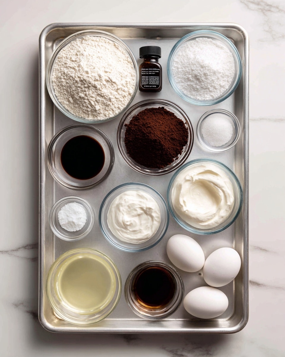 A metal baking tray holds eleven ingredients in separate clear glass bowls and a glass measuring cup, arranged neatly in a grid. The top row has a bowl of white powder labeled cake flour, a bowl of fine white granulated sugar, and a small bottle of black food color in the center. The middle row has a bowl of dark brown black cocoa powder on the left, a small bowl of white baking soda in the center, and a tiny bowl of white salt on the right. Below that, a bowl of white sour cream sits to the left of a bowl of clear pale yellow oil, next to a glass measuring cup filled with white buttermilk. The bottom row features a small empty bowl at left, a bowl of dark vanilla extract near the center, and two white eggs together on the right. A white marbled surface is visible underneath the tray. Photo taken with an iphone --ar 4:5 --v 7