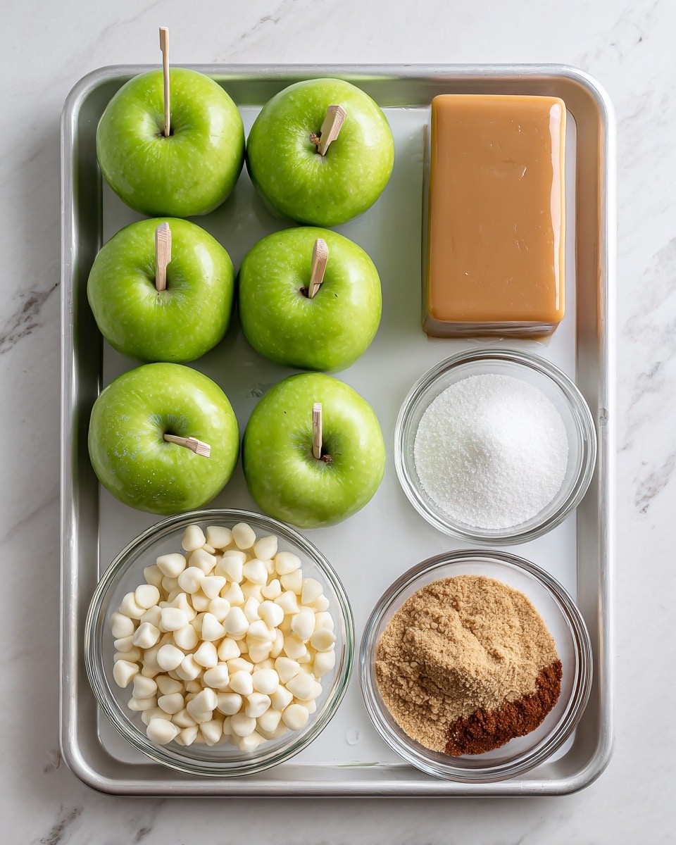 The image shows a baking tray with ingredients neatly arranged on a white marbled surface. In the top left corner, there are five bright green apples each with a wooden stick inserted at the top center, arranged in two rows (three on the top, two below). Opposite the apples, on the right side, there is a small clear glass bowl containing a solid block of caramel, which is light brown and smooth. Below the caramel, there are three more clear glass bowls. The top bowl holds fine white granulated sugar, the middle bowl contains light brown soft brown sugar, and the bottom bowl has a small amount of ground cinnamon, which is reddish-brown. On the far left bottom corner, there is a larger clear glass bowl filled with small, white, rounded pieces of white chocolate or almond bark, resembling chips. The overall setting is clean with good light. Photo taken with an iphone --ar 4:5 --v 7