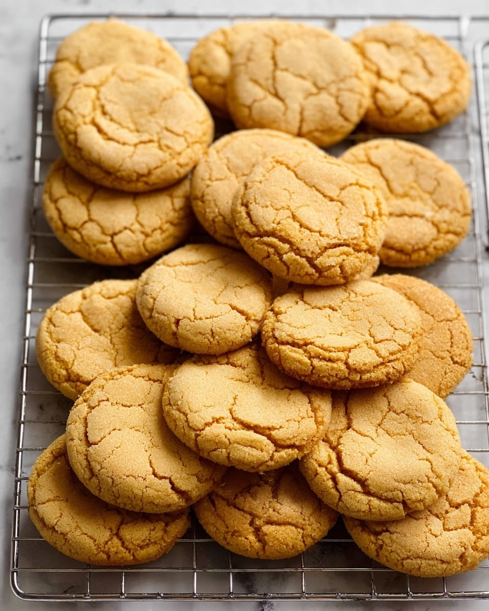 The image shows a pile of around twenty light golden brown cookies with cracked tops, arranged on a silver cooling rack. The cookies are round, slightly thick, and have a rough texture with visible cracks on their surface, suggesting a soft interior. The cooling rack is placed on a white marbled surface that adds a clean and bright background to the warm color of the cookies. Photo taken with an iphone --ar 4:5 --v 7