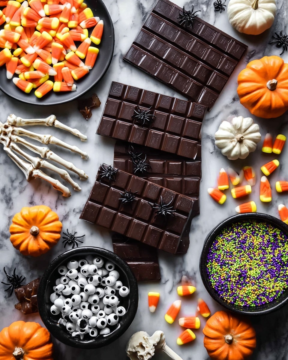 The image shows four rows of dark chocolate bars arranged vertically on a white marbled surface; some bars have small black plastic spiders on top. Around the chocolate, there are scattered candy corn pieces with three layers of colors: white tip, orange middle, and yellow base. Three small pumpkins, one white and two orange, are placed in the corners. A white skeleton arm reaches from the left side, ending at a black plate filled with candy corn at the top left. Below this plate are two black bowls: the first is filled with many white candy eyes with black centers, and the second contains colorful sprinkles in green, orange, purple, white, and black with more candy eyes on top. Near the skeleton arm bones is a small white skull, and more sprinkles and candy eyes are scattered, creating a Halloween-themed scene. photo taken with an iphone --ar 4:5 --v 7