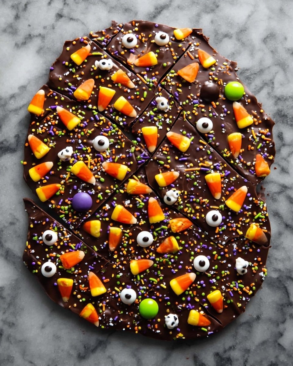 A large, round sheet of rich dark chocolate bark is laid flat, broken into uneven pieces. The top layer is decorated with bright orange and yellow candy corn pieces, scattered randomly. Colorful sprinkles in green, purple, orange, and black are spread all over, adding texture and color. There are also white, black, and orange candy eyeballs in various sizes placed throughout, along with tiny white candy bones and colorful round candies in green, orange, black, and purple. The chocolate has a smooth, glossy finish with slight cracks showing the thickness. The background is a white marbled texture. photo taken with an iphone --ar 4:5 --v 7