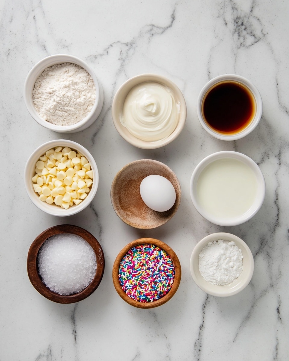 The image shows a collection of small white bowls and one small wooden bowl, each filled with different baking ingredients, arranged neatly on a white marbled surface. The top row has a bowl of flour, a bowl of cream, a bowl with a white solid (likely coconut oil), and a bowl with brown vanilla extract. The center has one whole white egg. The bottom row contains a bowl of white chocolate chips, a wooden bowl filled with white salt, a bowl of granulated white sugar, a bowl of milk or cream, and a small bowl full of colorful rainbow sprinkles. Photo taken with an iphone --ar 4:5 --v 7