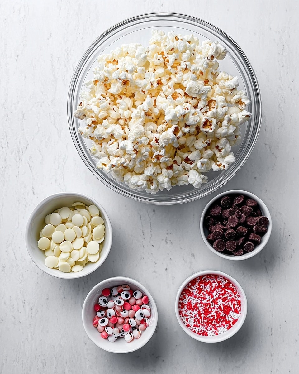 A clear bowl filled with white popcorn that has some light brown toasted spots sits on a white marbled surface in the center top of the image. Below it are four small white bowls arranged in a loose square; the top left bowl contains smooth, round white chocolate chips, the top right bowl holds smooth, round dark chocolate chips, the bottom left bowl is filled with various sizes of white candy eyes with black centers, and the bottom right bowl has red, white, and pink small sprinkles mixed with round and star shapes. The overall scene is bright and clean with a focus on these ingredients. photo taken with an iphone --ar 4:5 --v 7