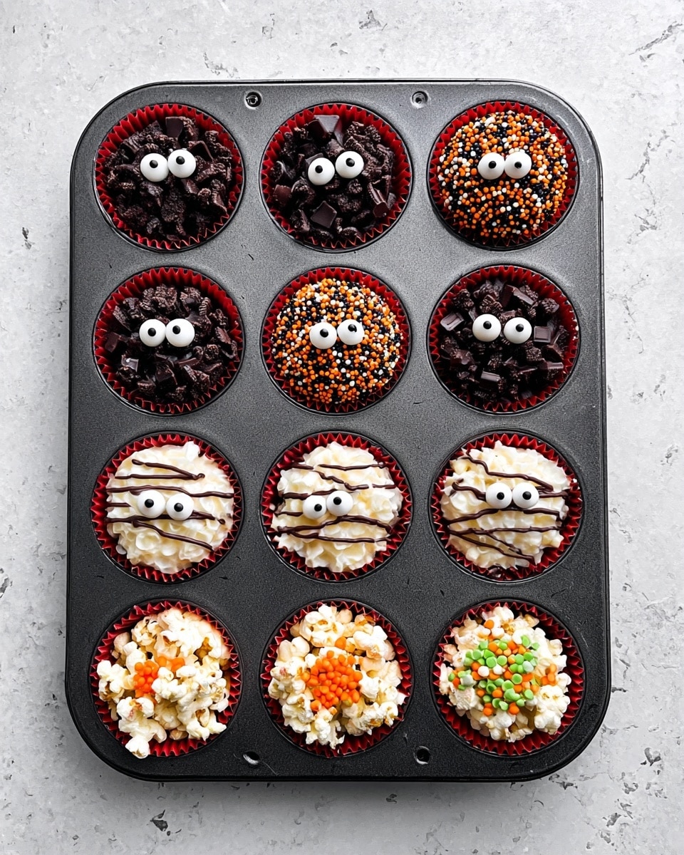 A dark metal muffin tray holds twelve red cupcake liners filled with three different types of treats arranged in rows. The first row has chocolate clusters with two candy eyes on the first and third treats, and a middle treat coated with black, orange, and white sprinkles. The second row repeats this chocolate cluster pattern with two candy eyes on the first and third treats, a sprinkle-coated middle treat, and the third treat decorated with white icing stripes and two candy eyes. The bottom row features three popcorn treats; the first and last have two candy eyes and a single eye respectively, while the middle one is topped with orange and green sprinkles. The tray sits on a white marbled surface photo taken with an iphone --ar 4:5 --v 7