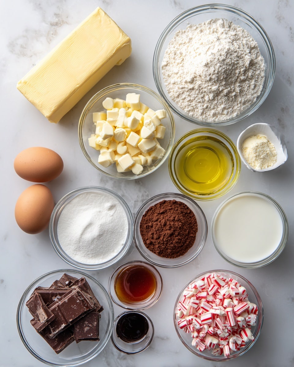 The image shows various baking ingredients arranged neatly on a white marbled surface. There are eleven items: a block of yellow butter at the top left, a clear glass bowl filled with white flour at the top center, and a clear glass bowl with light yellow vegetable oil to the right. Below the butter, small white chocolate chunks sit in a clear glass bowl, and next to that, a bowl of dark brown cocoa powder. Two brown eggs are placed side by side near the bottom left. A clear bowl of white sugar and a clear bowl of white milk sit to the right of the eggs. Below them, a small glass bowl with dark amber vanilla liquid and a tiny white dish containing white baking powder. A small dark bottle of peppermint extract stands near the bottom center. To the right, a clear glass bowl contains crushed white and red candy canes, and broken pieces of dark peppermint bark with white and red candy cane bits are scattered next to it. The photo is taken with an iphone --ar 4:5 --v 7