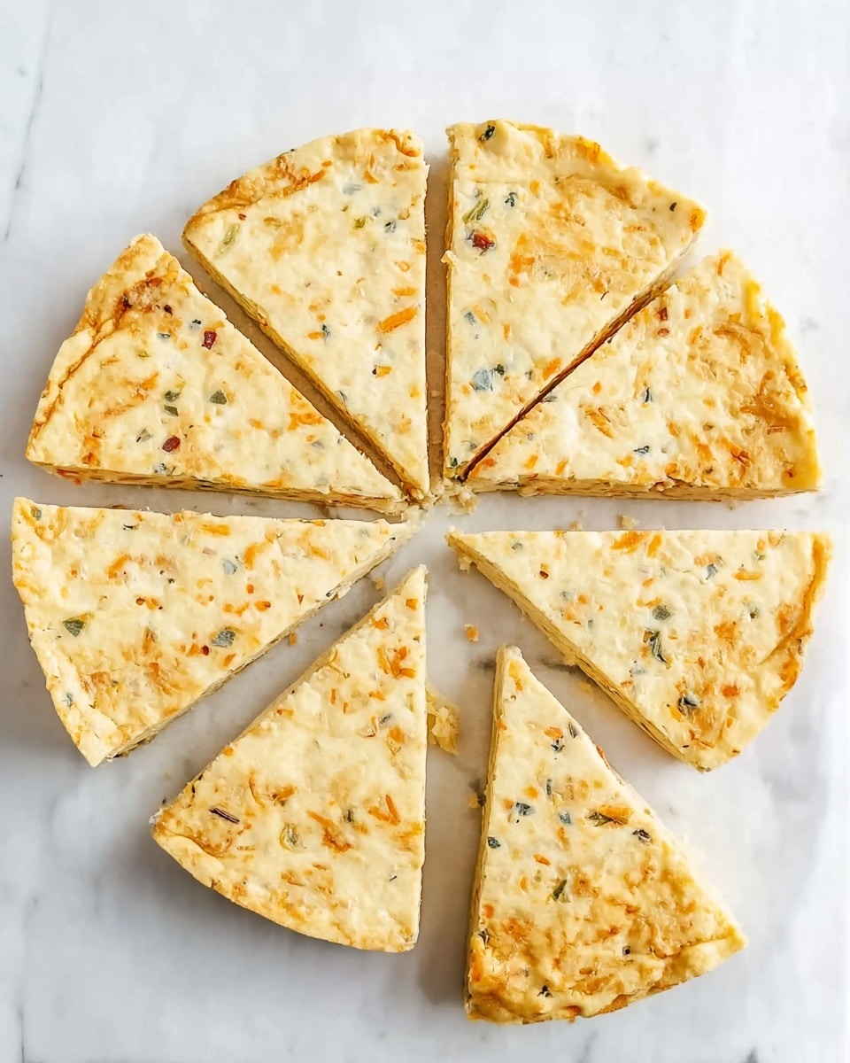 The image shows a round baked dish cut into eight slices, arranged in a circle with one slice slightly pulled away. The dish has a pale, crumbly texture with small soft orange and green bits evenly distributed throughout, giving it a speckled look. The surface is smooth and lightly browned in places, suggesting a baked crust. The dish rests on a white marbled surface, adding a clean and simple background to the photo taken with an iphone --ar 4:5 --v 7