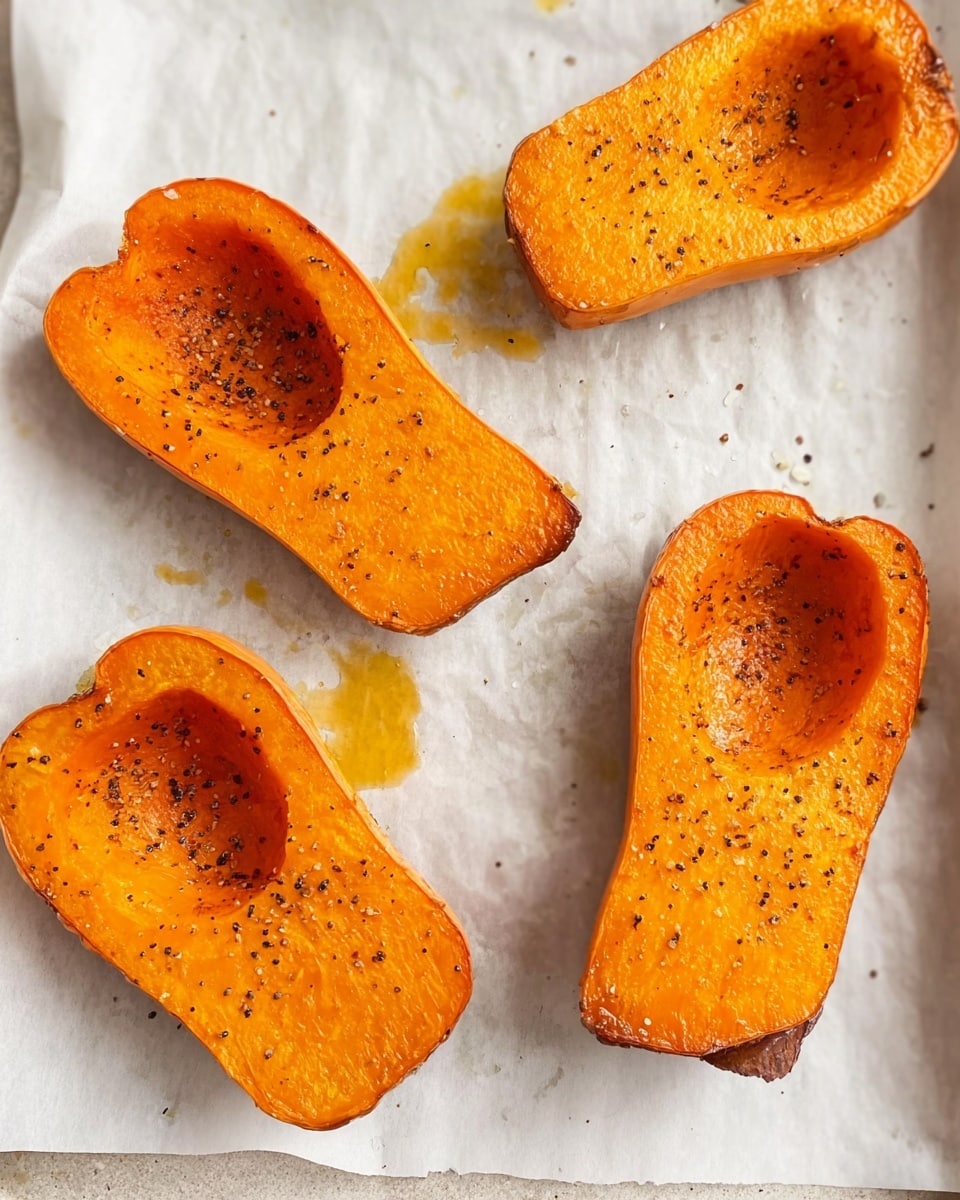 The image shows four pieces of roasted orange squash placed on a white parchment-lined baking tray. Each squash piece has a smooth, soft texture with a slightly caramelized surface and small black pepper specks scattered evenly across. The squash pieces have a hollowed-out center area that is a little darker in color, and slight browning is visible around the edges, indicating roasting. The parchment paper beneath has some small spots of oil and seasoning drips, adding to the cooked appearance. photo taken with an iphone --ar 4:5 --v 7