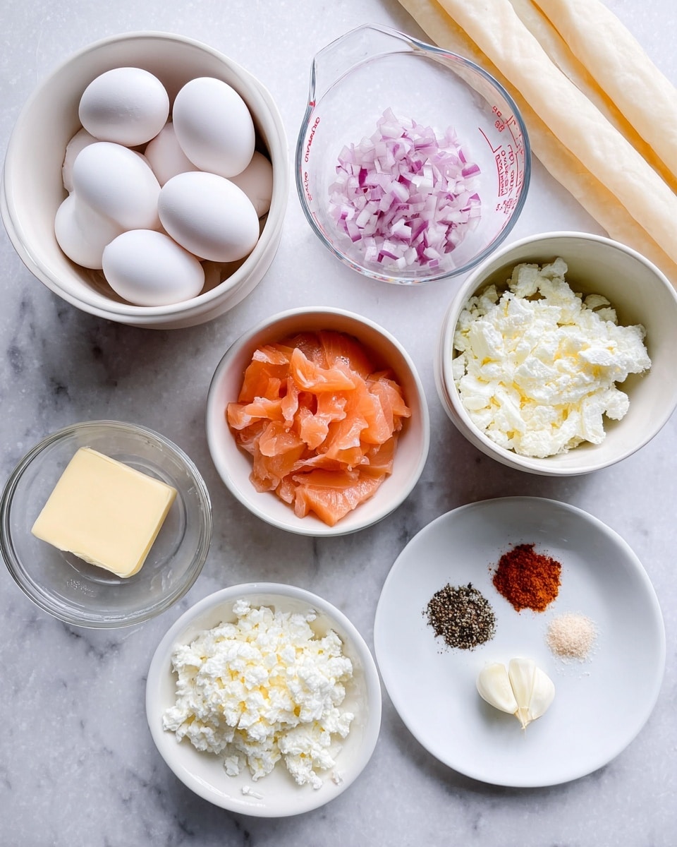The image shows several white bowls and a glass measuring cup arranged on a white marbled surface, each filled with different ingredients. One bowl contains six white eggs, another has pale orange smoked salmon pieces folded loosely, a third bowl holds finely chopped pink and white onions, and a fourth bowl is filled with white crumbled cheese. A small white plate has a square of pale yellow butter, and another small white plate is divided into three sections with red paprika, black pepper, and white salt. Next to these is a small white plate with finely minced garlic. Two long, white, translucent sheets of pastry rest in the top right corner. The setting is bright and clean, with a soft natural light highlighting the textures. Photo taken with an iphone --ar 4:5 --v 7