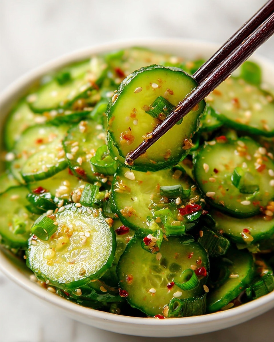 The image shows a close-up of a white bowl filled with a cucumber salad. The bowl holds many thin, green cucumber slices arranged flat and layered evenly. The cucumbers have a fresh, wet look with small yellow-orange bits of seasoning and white sesame seeds sprinkled over them. Bright green chopped scallions are scattered on top, adding extra color. A pair of dark wooden chopsticks holds three cucumber slices above the bowl, with a curled green onion ring on top of them. The background is a white marbled texture. photo taken with an iphone --ar 4:5 --v 7