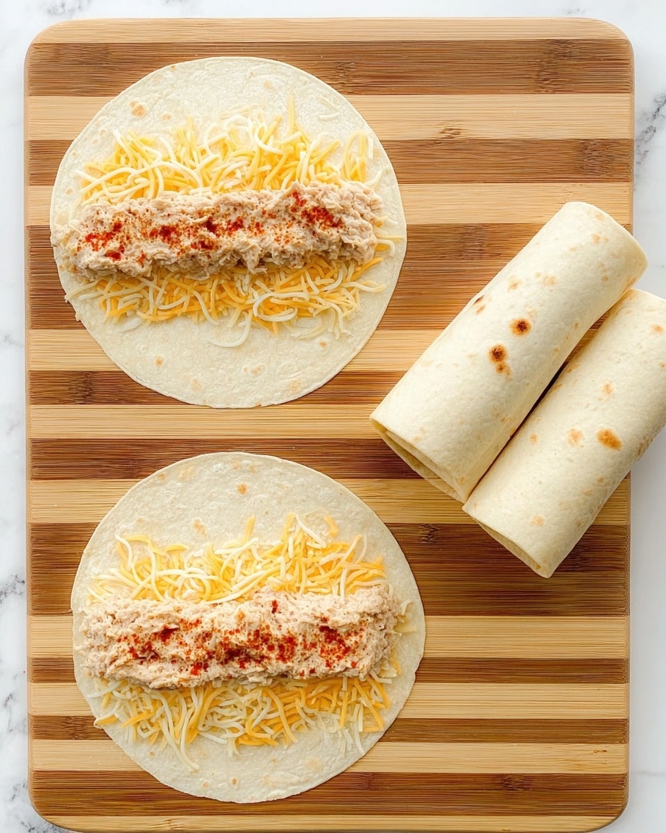 The image shows two round tortillas placed side by side on a wooden cutting board with light and dark stripes. Each tortilla has a layer of shredded light yellow and orange cheese spread evenly over its surface. In the middle of each tortilla, there is a horizontal layer of creamy, light beige tuna mixture topped with small amounts of red pepper flakes. To the right on the same cutting board, there are two rolled tortillas, lying horizontally and neatly wrapped, showing a smooth, light beige surface with some visible flour spots. The whole scene is bright and clear on a white marbled surface. Photo taken with an iphone --ar 4:5 --v 7