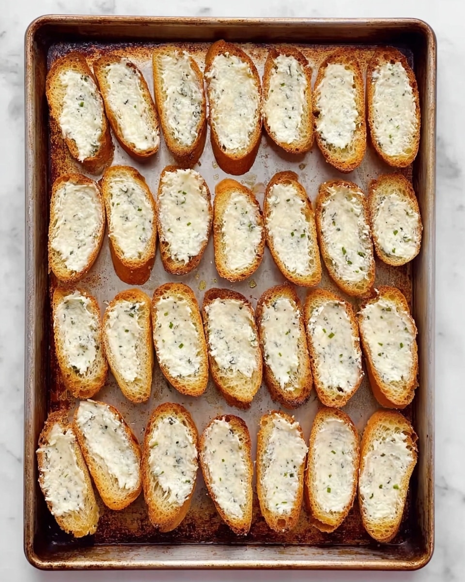 A metal baking tray filled with eighteen toasted baguette slices arranged in neat rows. Each slice has a golden-brown crust and is evenly spread with a creamy white cheese mixture that has small green herbs scattered throughout. The bread texture looks crunchy on the edges, while the cheese layer appears soft and smooth. The tray shows signs of use with some browning and light marks, and it rests on a white marbled surface. photo taken with an iphone --ar 4:5 --v 7