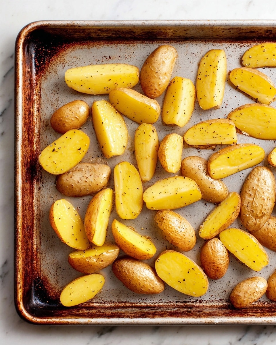 The image shows a metal baking tray with a worn, rustic look, filled with baby potatoes sliced in half. The potatoes have a warm yellow color on the cut sides and a light brown skin with a slightly shiny texture, seasoned with small black pepper specks. The potatoes are scattered evenly across the tray, some laying flat on their cut side, others resting on the skin side. The background is a white marbled surface, visible around the edges of the tray. photo taken with an iphone --ar 4:5 --v 7