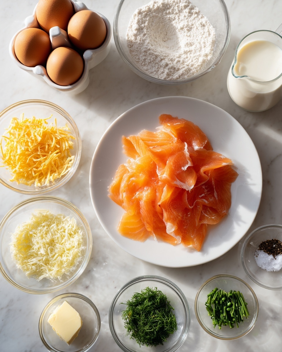 On a white marbled surface, ingredients for a dish are arranged neatly. In the center, a white plate holds thin, translucent orange slices of smoked salmon layered loosely in two groups, showing delicate texture. Surrounding the plate are small clear glass bowls holding various items: fine white flour with a smooth surface, yellow grated Parmesan cheese, bright yellow lemon zest, finely chopped green dill, chopped green chives, coarse white salt, and ground black pepper. There is also a small bowl of white creamy crème fraîche and a stick of pale yellow butter. To the top left, a white ceramic egg holder contains four brown eggs. A clear glass measuring cup filled with milk is near the top right. The whole scene is cleanly lit, showing details and colors clearly. Photo taken with an iphone --ar 4:5 --v 7