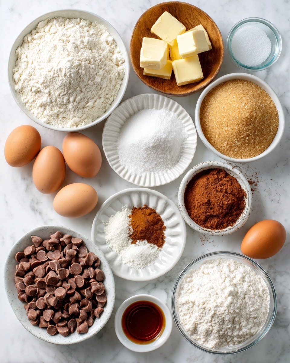 The image shows a top view of various baking ingredients neatly arranged in bowls on a white marbled surface. The largest bowl at the bottom left holds white all-purpose flour with a soft powdery texture. To its right, a bowl filled with light brown sugar has a crumbly texture. Above the flour, a bowl contains yellowish cubes of butter. Next to it, a wooden bowl holds coarse flaky sea salt with a rough texture. Near the center is a small white ridged plate holding layered piles of white baking soda, cornstarch, baking powder, and instant espresso powder, each with a fine powdery texture, alongside a small sprinkle of ground cinnamon. Above and to the right, a white bowl is filled with many light reddish-brown Reese’s peanut butter chips. To the left of this, a small white bowl contains three brown eggs. A clear glass bowl near the center right is filled with granulated white sugar, showing small crystal grains. Near the sugar is a tiny white bowl with dark brown vanilla bean paste in liquid form. Below these is a small white bowl filled with Dutch process cocoa powder, deep brown and finely ground. All items are spaced carefully, and the surface underneath is a clean white marbled texture. Photo taken with an iphone --ar 4:5 --v 7