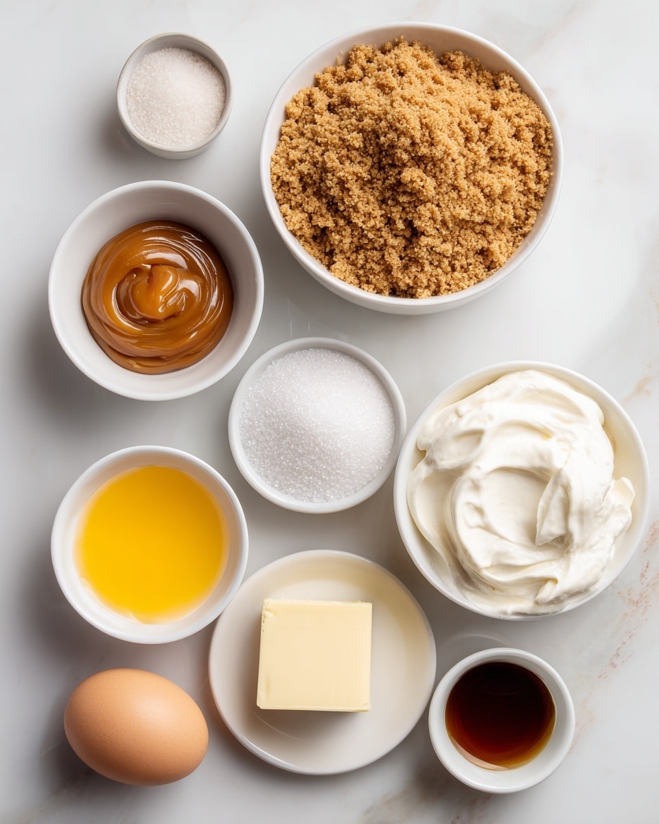 The image shows several small white bowls and two eggs arranged on a white marbled surface. One large white bowl at the top center contains light brown graham cracker crumbs with a rough texture. Below it to the right is a white bowl filled with smooth, white cream cheese. To the left of that is a smaller white bowl with shiny, caramel-colored salted caramel. Below salted caramel is a small white bowl with bright yellow melted butter. To the right of the butter is a small white bowl filled with pure white sugar granules. Above the sugar is a tiny white bowl with some coarse salt. Near the bottom left are two whole eggs, one light beige and one brown, and next to them a very small white bowl with a dark amber liquid, vanilla extract. The items are evenly spaced on the white marbled surface. photo taken with an iphone --ar 4:5 --v 7