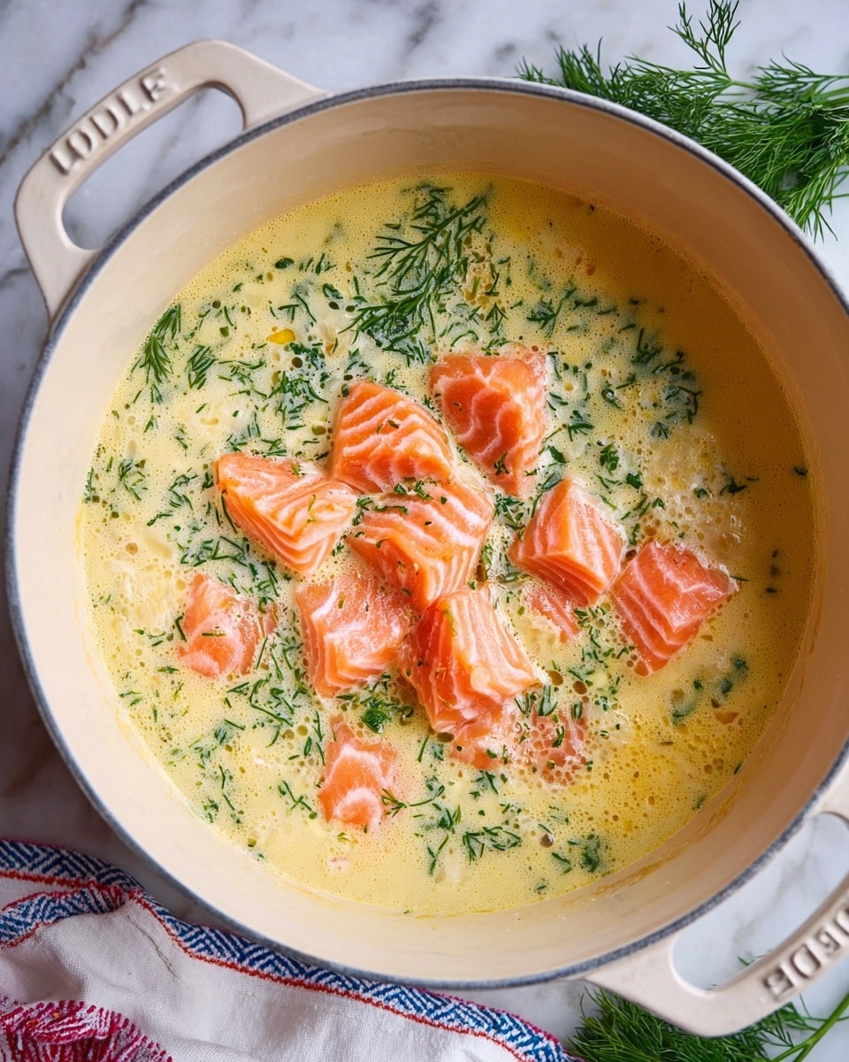 The image shows a white pot filled with a creamy light yellow soup with chunks of raw salmon that are orange with visible white lines, placed on top in the center. Finely chopped green herbs are sprinkled unevenly over the soup, mainly on one side, blending into the creamy liquid. The pot has a simple design with a smooth rim and a handle labeled