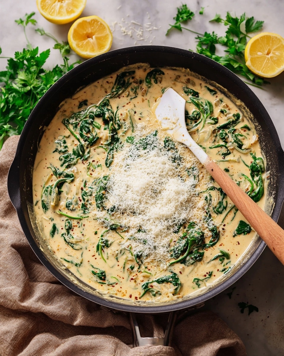 A black skillet filled with a creamy light yellow sauce mixed with dark green spinach leaves and small bits of cooked onion. The sauce is topped with a thick layer of finely grated white cheese in the center, partly stirred with a white spatula with a wooden handle resting inside the skillet. The skillet sits on a soft brown cloth on a white marbled surface, with halved yellow lemons and fresh parsley leaves nearby. Photo taken with an iphone --ar 4:5 --v 7
