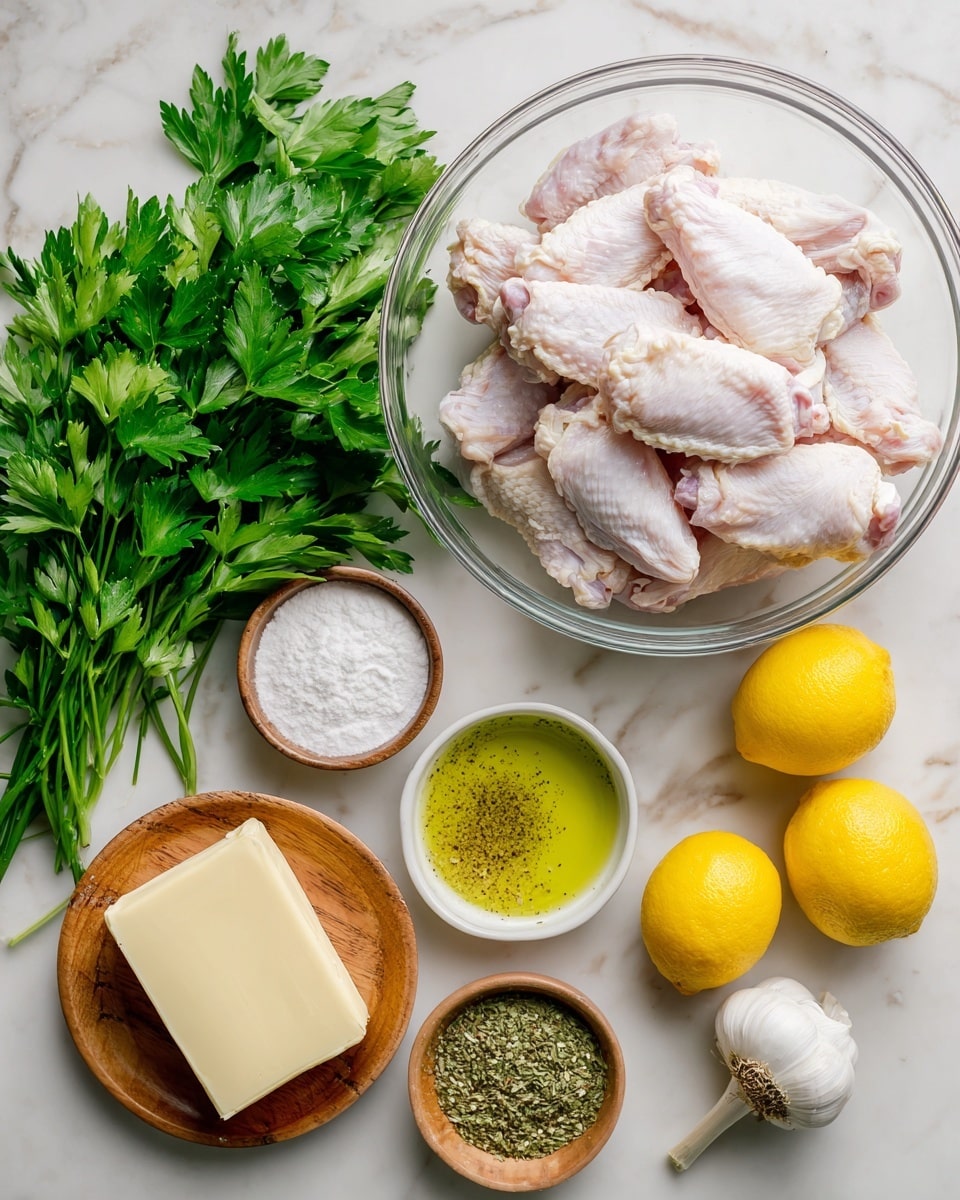 A clear glass bowl sits in the center filled with pale pink frozen chicken wings stacked slightly unevenly. To the left, a bunch of fresh green parsley leaves with jagged edges spreads out, while below it is an unwrapped stick of bright yellow butter. Near the bottom center, there are two small wooden bowls, one holding off-white garlic powder and the other fine white salt. Adjacent to these is a small wooden bowl filled with coarse lemon pepper seasoning, a mix of yellow and dark green specks. On the right side, two bright yellow lemons rest side by side, above which is a small white bowl with a light green-yellow liquid labeled avocado oil. Near the bottom right corner is a whole bulb of garlic with white papery skin. The background features a white marbled texture. Photo taken with an iphone --ar 4:5 --v 7