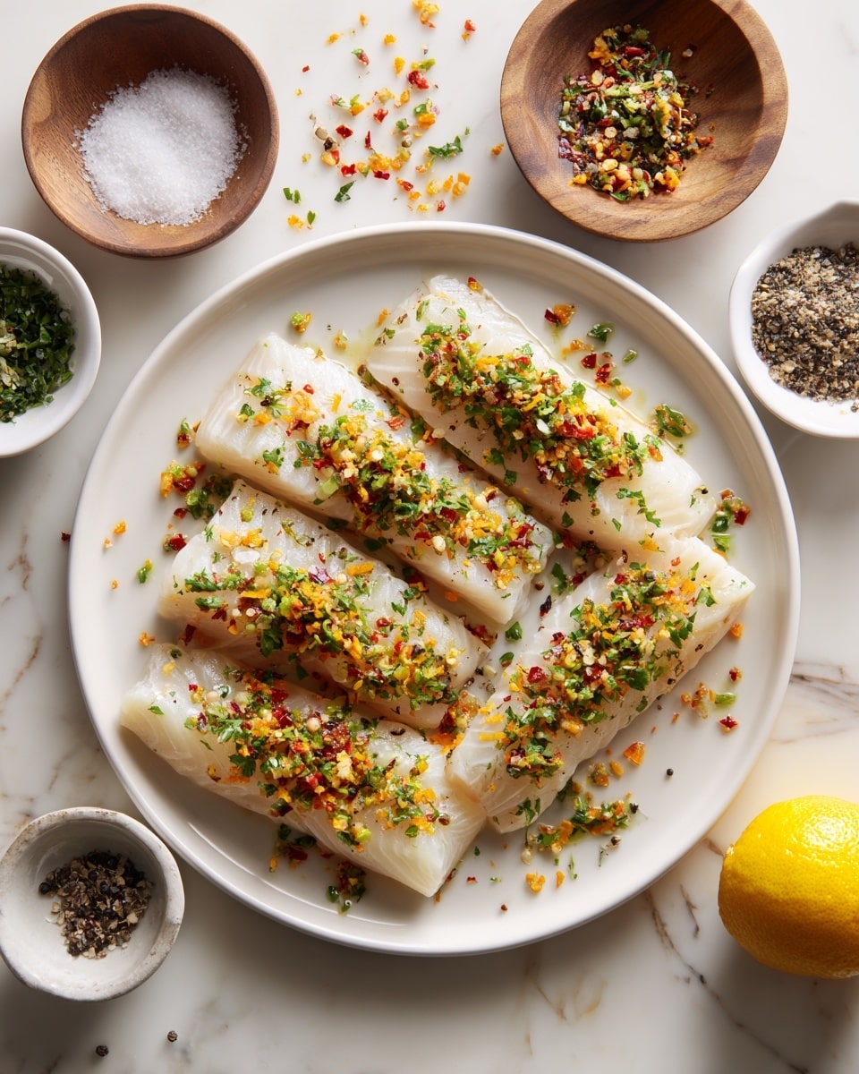 Six light beige fish fillets are layered and spread out on a white plate, each topped with a mix of green herbs, orange zest, and red chili flakes, creating a colorful sprinkle over the smooth fish surfaces. The plate is set on a white marbled surface with scattered seasoning bits around it. Surrounding the plate are small bowls, one with salt in a wooden bowl, one with black pepper in a white bowl, another white bowl with crushed seasoning, and a whole lemon with yellow rind at the bottom. Photo taken with an iphone --ar 4:5 --v 7