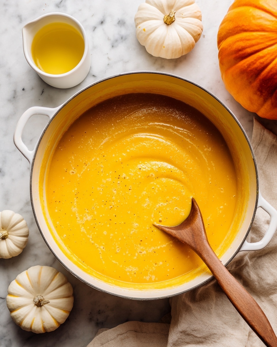 A large white pot filled with smooth, bright orange pumpkin soup is shown from above. The soup has a creamy texture and is being stirred by a wooden spoon with a round tip resting inside the pot. Around the pot, there is a small white cup with some yellow liquid in it on the upper left, a large orange pumpkin on the upper right, and a small white pumpkin at the bottom left. A light beige cloth is partly visible in the bottom right corner. The surface is a white marbled texture. Photo taken with an iphone --ar 4:5 --v 7