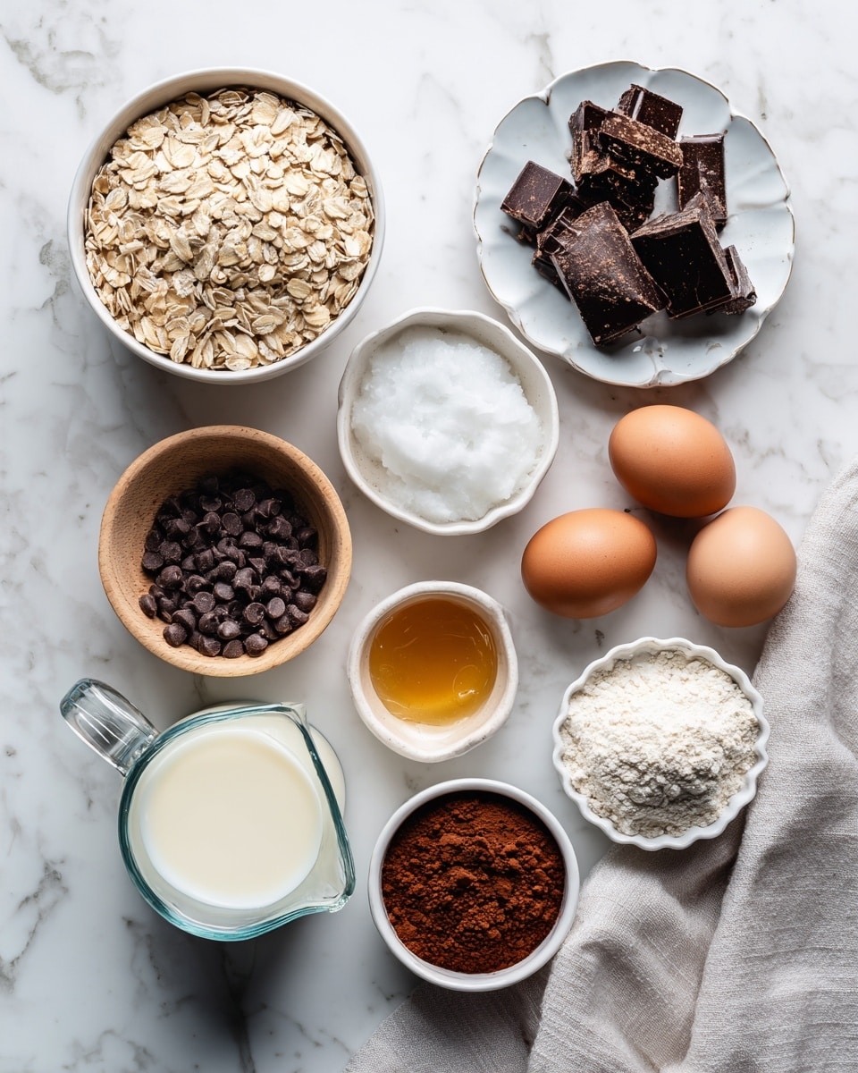 The image shows several ingredients arranged on a white marbled surface. There is a white bowl filled with light brown rolled oats at the top left. To the right is a white bowl with dark brown chocolate chunks, and near it is a small white bowl with white coconut oil. Below the oats is a tiny white bowl holding white kosher salt, next to it is a scalloped white bowl with golden honey. A small white bowl with dark brown vanilla liquid sits near the center. A small wooden bowl holds two brown eggs to the right of the vanilla. On the bottom left, a transparent measuring cup contains white milk. Directly below is a white bowl filled with dark brown chocolate chips. Next to it on the right, there is a scalloped white bowl with reddish-brown cocoa powder, and above it is a small mound of white baking powder. A light gray cloth is placed on the marble surface in the lower right corner. Photo taken with an iphone --ar 4:5 --v 7