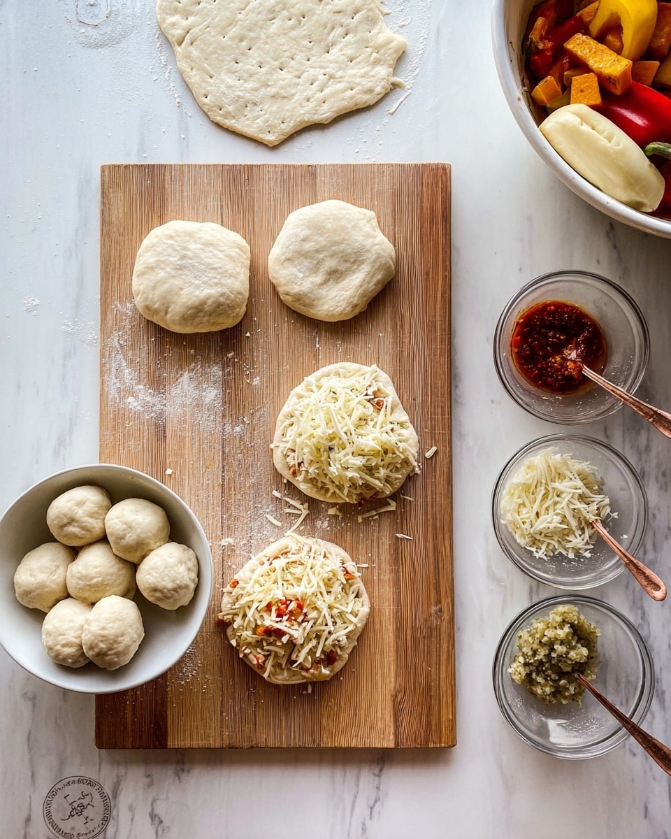 The image shows a wooden board placed on a white marbled surface, with some dough pieces in different stages. There are two flat dough pieces near the top left, and one dough piece in the middle right filled with layers: a base of small light brown pieces, a layer of shredded white cheese, and a little red sauce visible at the bottom. On the left bottom side, there is a white bowl holding five round dough balls. To the right of the board, four small clear glass bowls contain chopped light-colored pieces, greenish paste with a copper spoon, red sauce with a copper spoon, and shredded white cheese, arranged vertically. In the top right corner, part of a white bowl with red and yellow squash is visible. Photo taken with an iphone --ar 4:5 --v 7