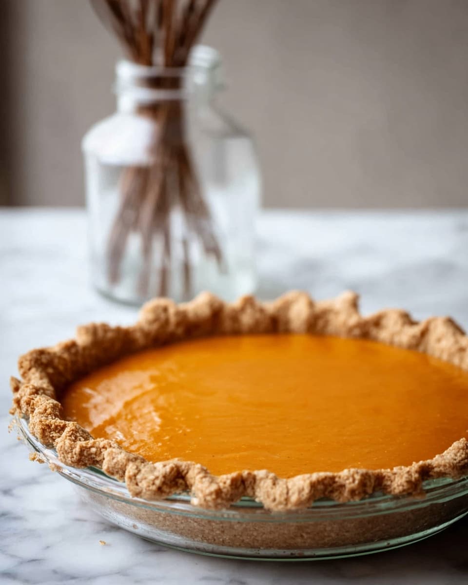 A single-layer pumpkin pie with an orange, smooth filling inside a golden, thick, crumbly crust with uneven edges, set in a clear glass pie dish sitting on a white marbled surface, with a blurred background showing a clear glass vase with dried twigs. photo taken with an iphone --ar 4:5 --v 7