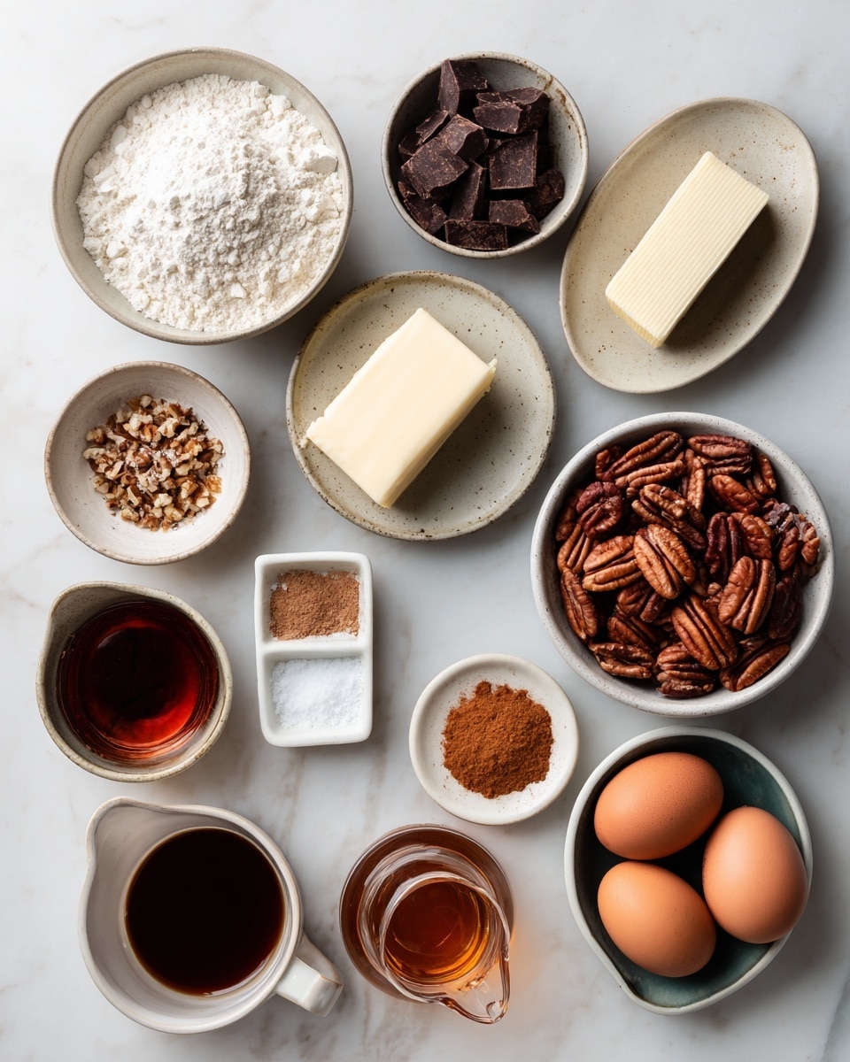 The image shows an arrangement of baking ingredients on a white marbled surface. There are eleven small white bowls and plates, each holding different ingredients: one bowl with white flour, another with dark brown chocolate chunks or chips, a dish with a stick of pale unsalted butter, a small cup of dark vanilla extract, two small bowls filled with pecans — one full and the other with chopped pecans. There is a bowl with light brown sugar crystals, a tiny bowl with orange cinnamon powder, two brown eggs resting on a white divided plate, a tiny dark bowl of kosher salt, a small clear glass with amber bourbon, and a small white pitcher filled with dark maple syrup. Each ingredient is clearly visible with different textures and colors against the soft white marbled background. photo taken with an iphone --ar 4:5 --v 7