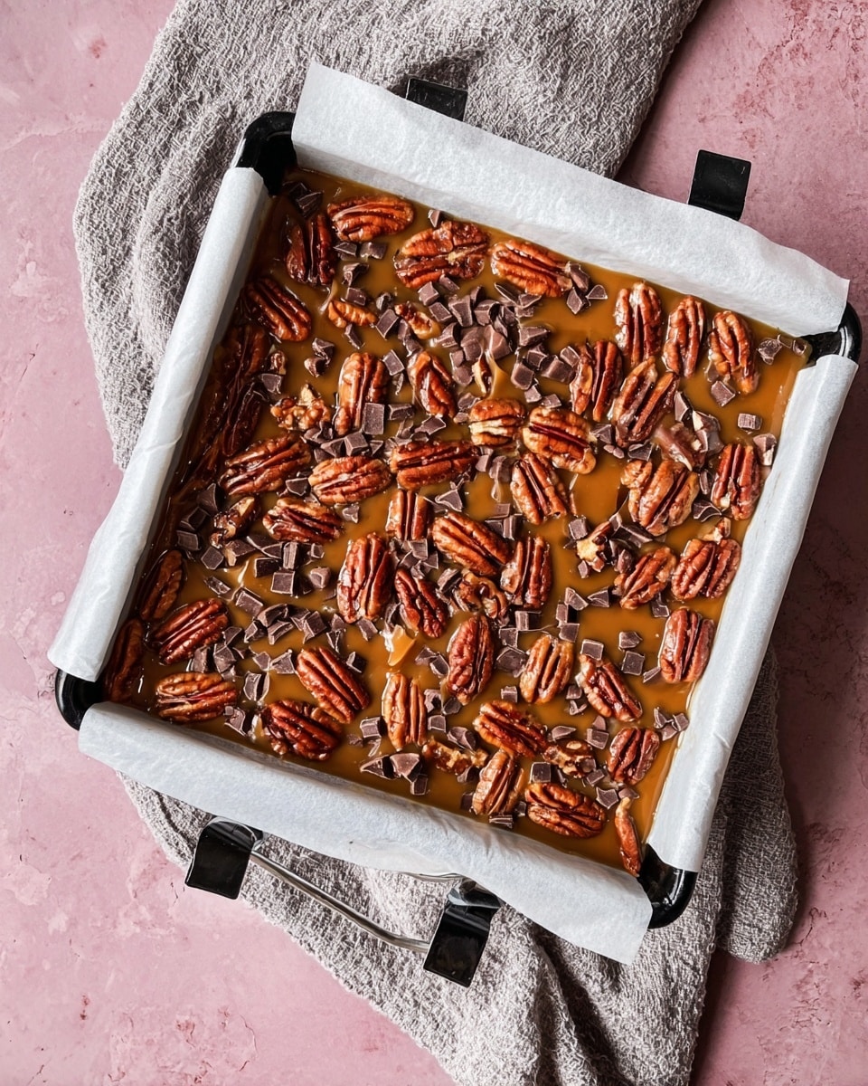 A close-up top view of a square baking tray lined with white parchment paper with thick golden caramel filling, topped generously with whole and halved brown pecans and scattered small dark brown chocolate chunks, all glossy from the sticky caramel layer. The tray is clipped with black clips at the edges, placed on a soft grey cloth, with a pink textured surface underneath it. photo taken with an iphone --ar 4:5 --v 7