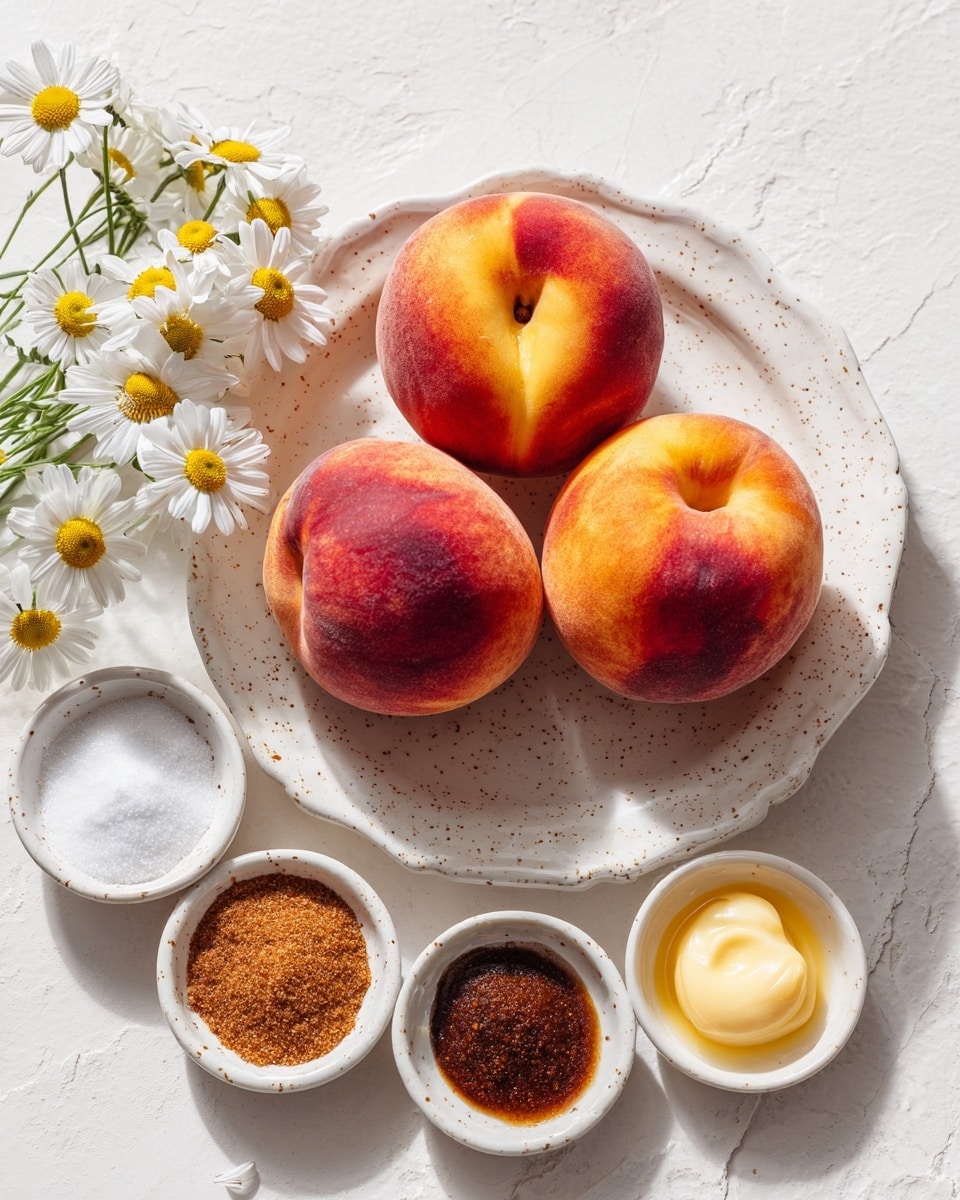 The image shows three ripe peaches with a red and orange color sitting together on a white speckled plate with a scalloped edge, placed on a white marbled surface. Surrounding the plate are small white bowls containing different ingredients: one bowl has coarse white kosher salt, another has ground cinnamon in a brownish-red tone, a third holds dark brown sugar with a crumbly texture, a fourth has a light yellow creamy butter, and a fifth contains a small amount of dark brown vanilla extract. A small bunch of white daisies with yellow centers is positioned on the left side of the image. The scene is bright and clear, with all items neatly arranged in a circular pattern. photo taken with an iphone --ar 4:5 --v 7