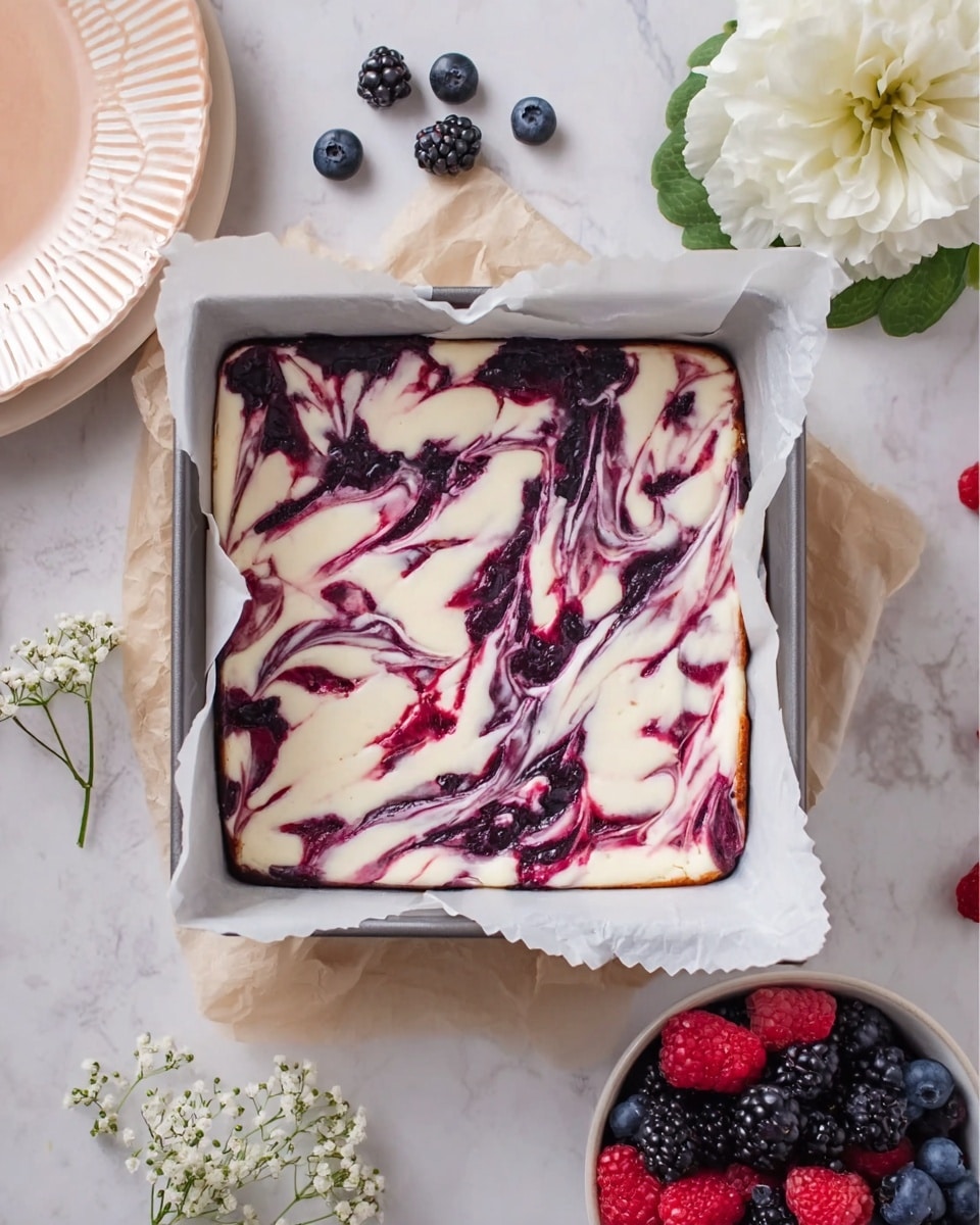 A square dessert pan lined with white parchment paper holds a creamy white base layer topped with a dark purple and bright red berry sauce swirled in an artistic, marble-like pattern across the entire surface. The dessert pan is placed on a white marbled surface, surrounded by a light peach plate with white edges in the upper left corner, a large white flower and green leaves on the upper right, and a white bowl filled with fresh mixed berries such as raspberries, blackberries, and blueberries in the bottom right corner. Small white flowers with green stems lay near the bottom edge of the image. Photo taken with an iphone --ar 4:5 --v 7
